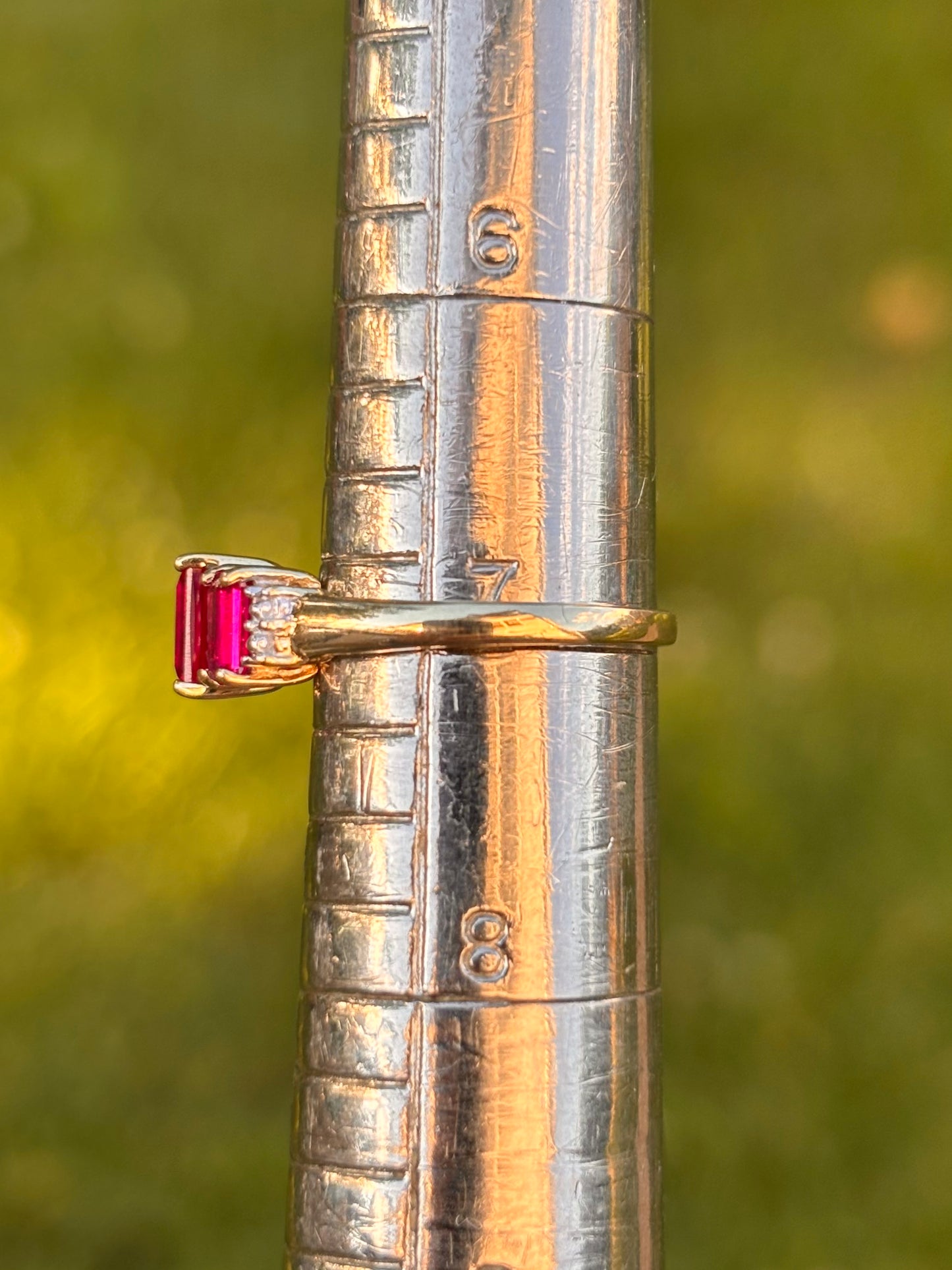 10k Emerald Cut Lab Rubies with Natural Diamond Accents Ring