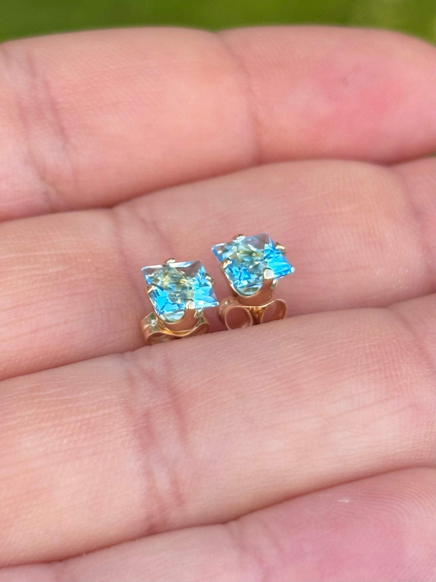 14K Yellow Gold Princess Cut Swiss Blue Topaz Stud Earrings