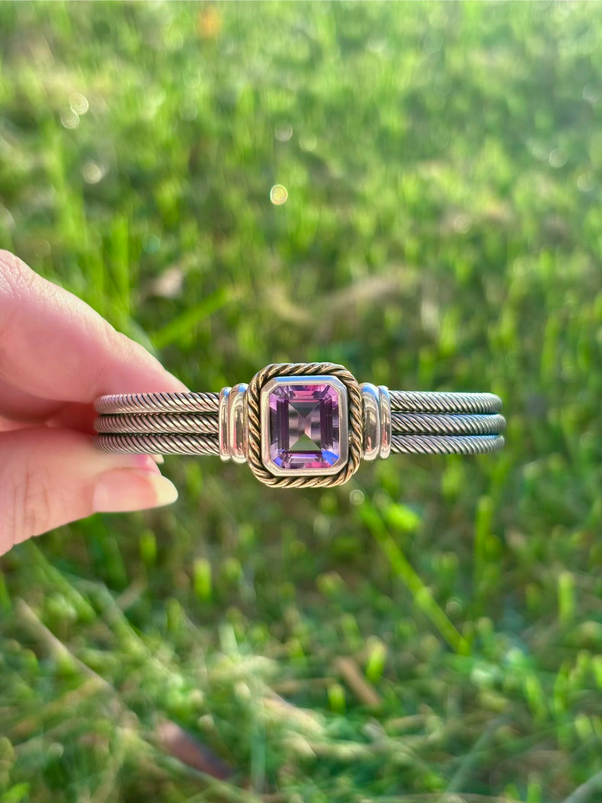 Sterling Silver & Solid 14K Gold Emerald Cut Amethyst Triple Cable Cuff Bracelet