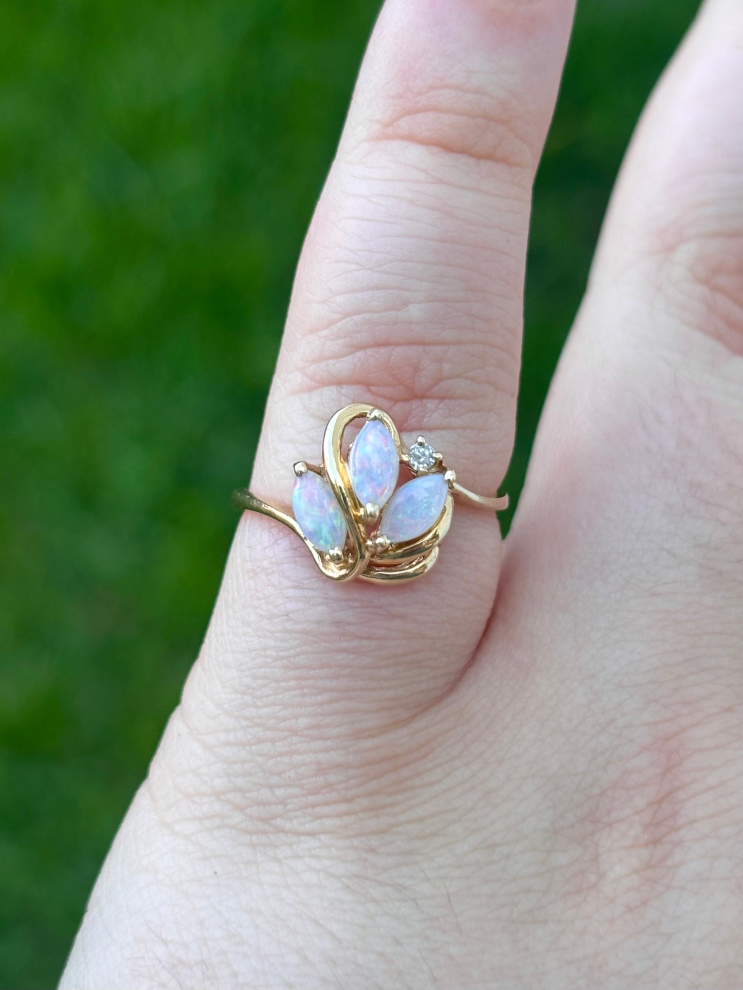 14K Gold Natural Solid Marquise Opal Ring with Diamond Accent