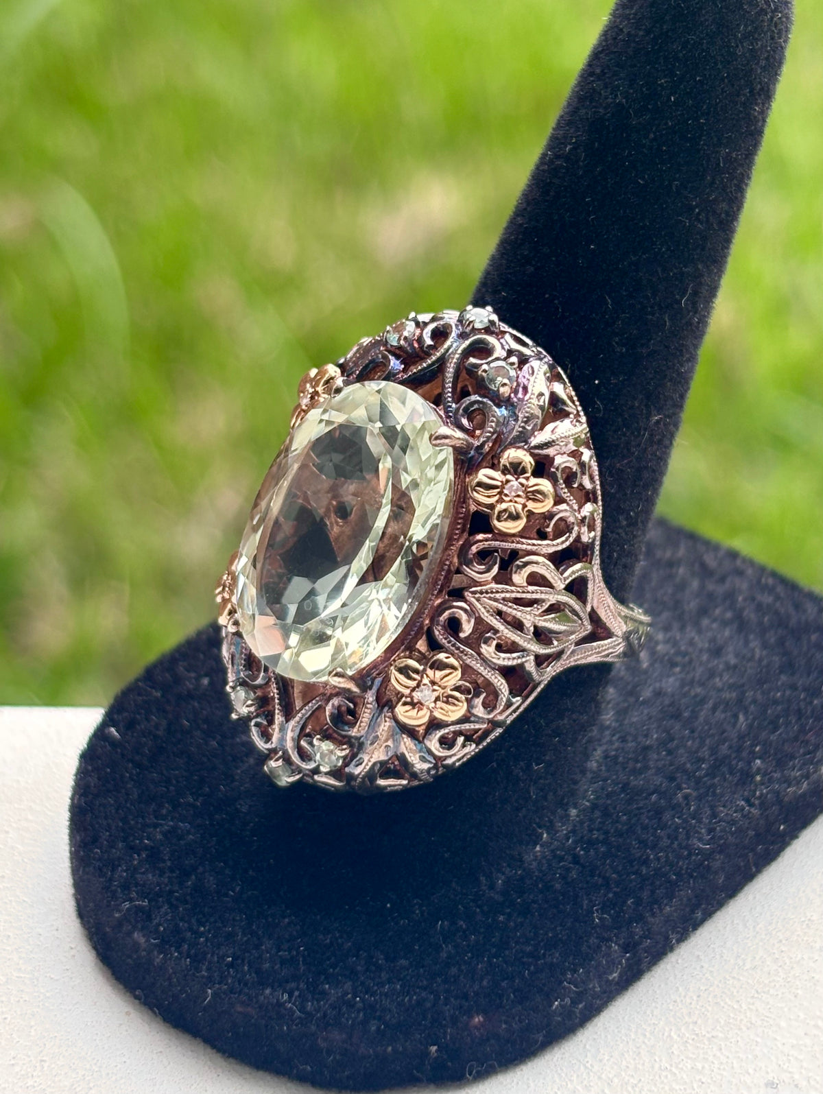 Weinman Brothers 14K Gold & Sterling Silver Prasiolite Diamond Filigree Ring