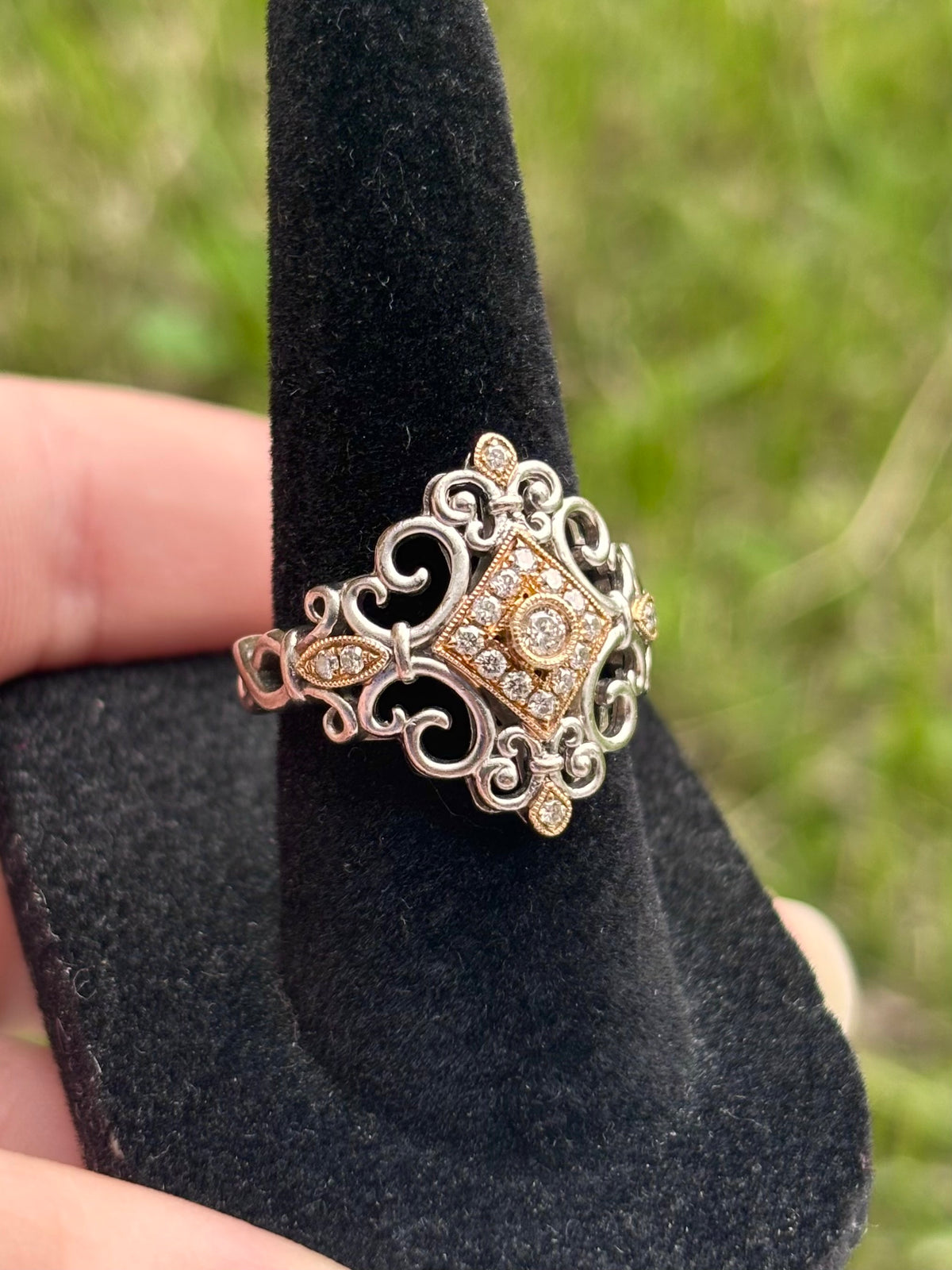 Vintage Style 18K Gold & Sterling Silver Diamond Filigree Scrollwork Ring
