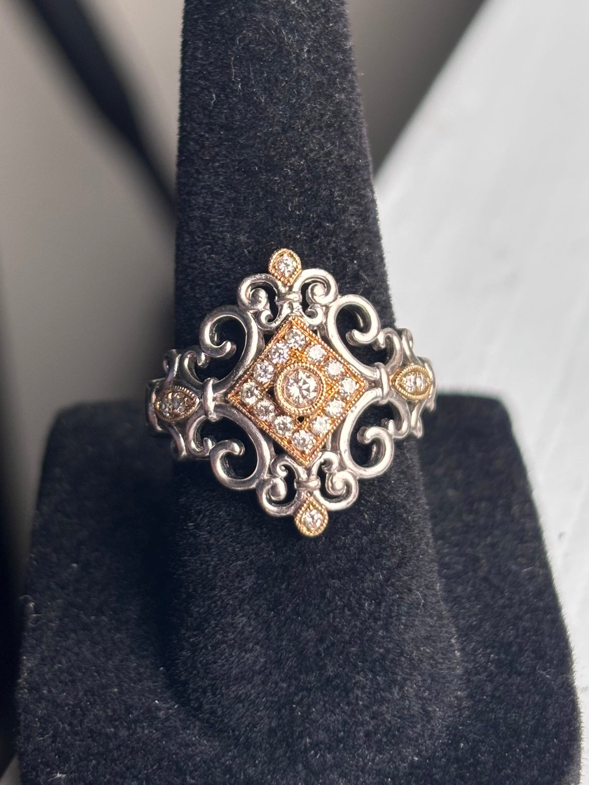 Vintage Style 18K Gold & Sterling Silver Diamond Filigree Scrollwork Ring