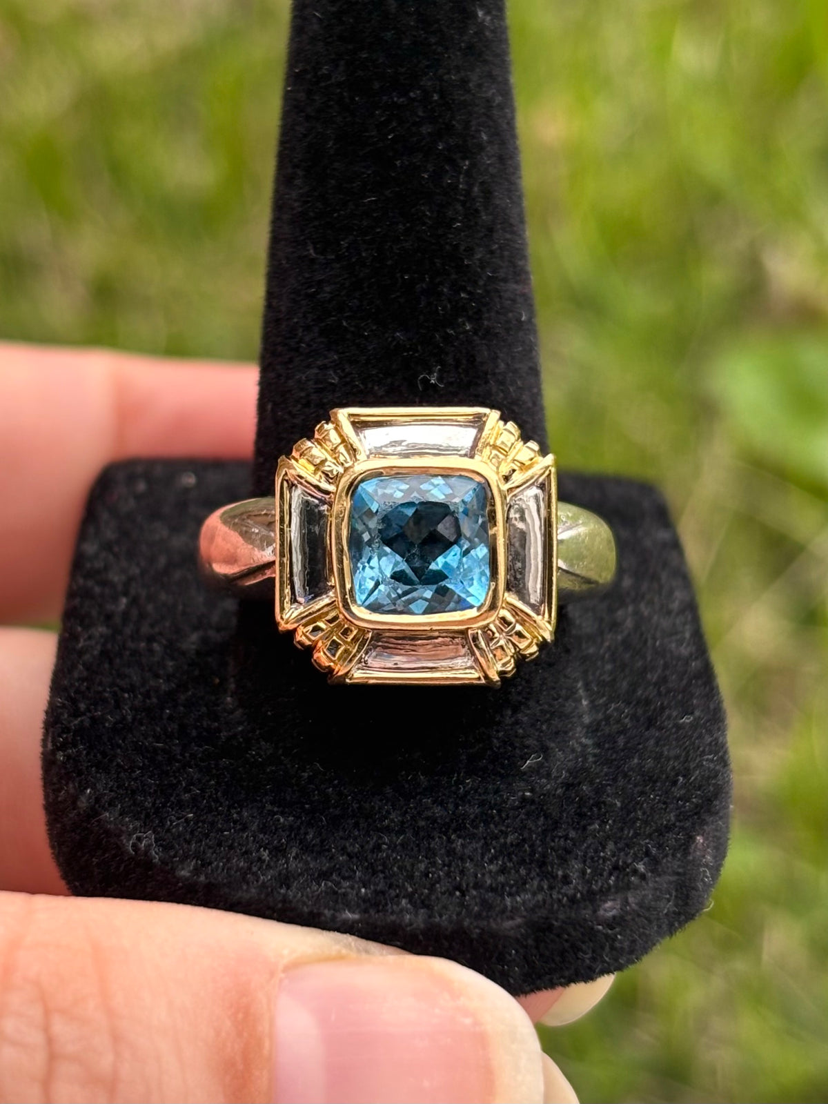 OTC International 18K Gold & Sterling Silver Blue Topaz Art Deco Ring