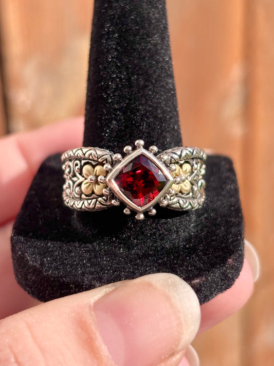 Barbara Bixby Garnet 18K Gold & Sterling Silver Floral Ring Size 10