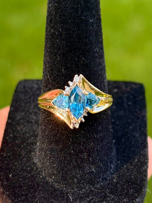 10K Yellow Gold Swiss Blue Topaz & Diamond Three-Stone Ring
