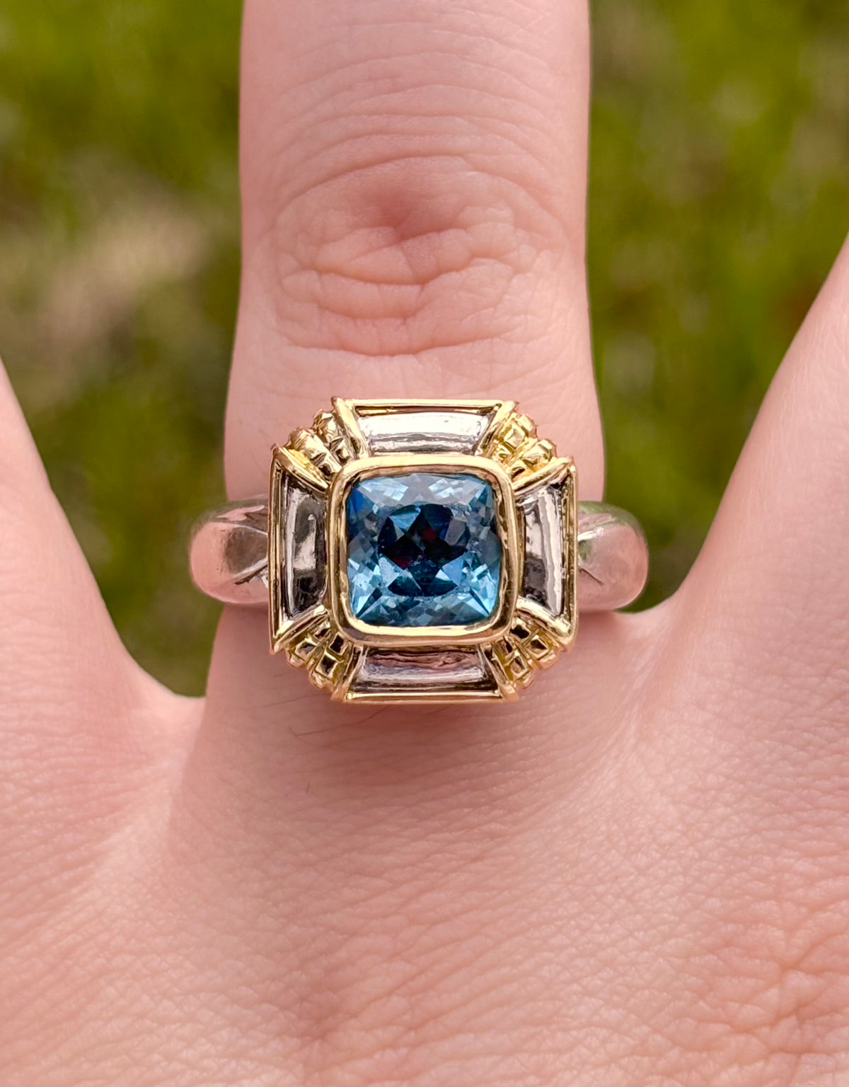 OTC International 18K Gold & Sterling Silver Blue Topaz Art Deco Ring