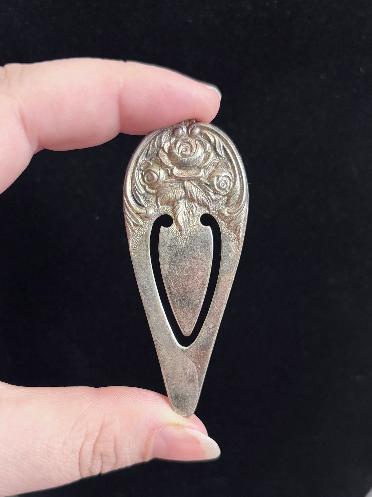 Vintage Sterling Silver Rose Floral Bookmark – Ornate Repoussé Design