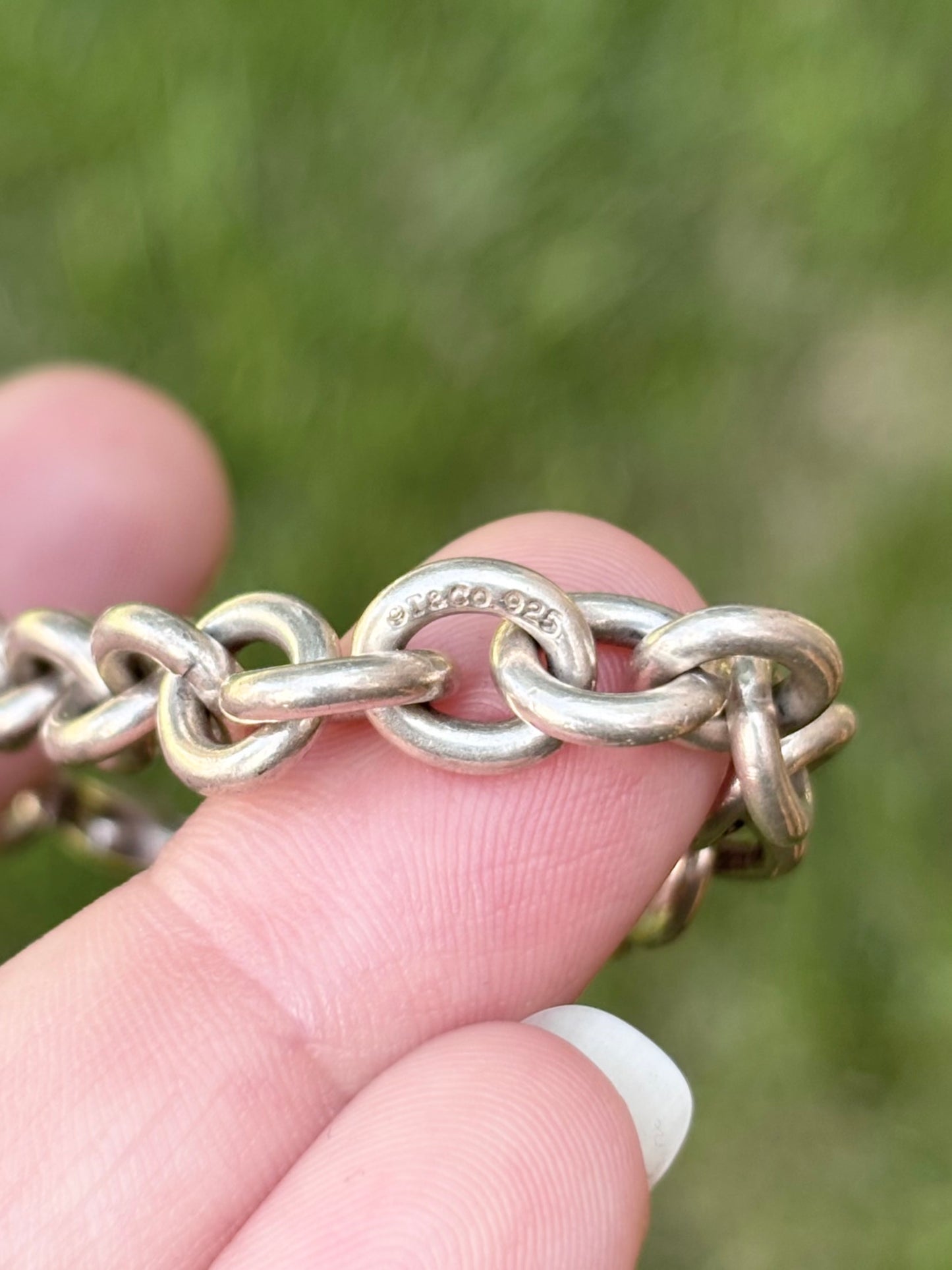 Tiffany & Co. Vintage Sterling Silver Oval Link Bracelet Engraved Center Link
