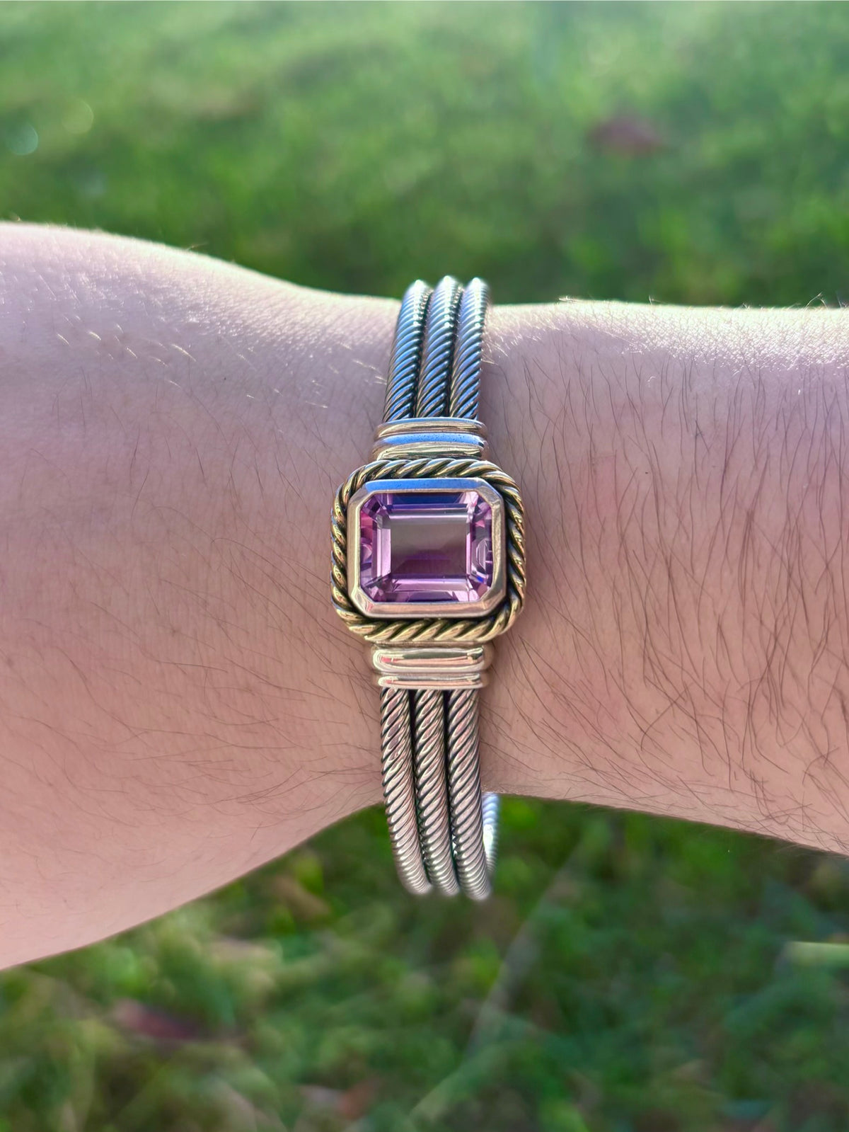 Sterling Silver & Solid 14K Gold Emerald Cut Amethyst Triple Cable Cuff Bracelet