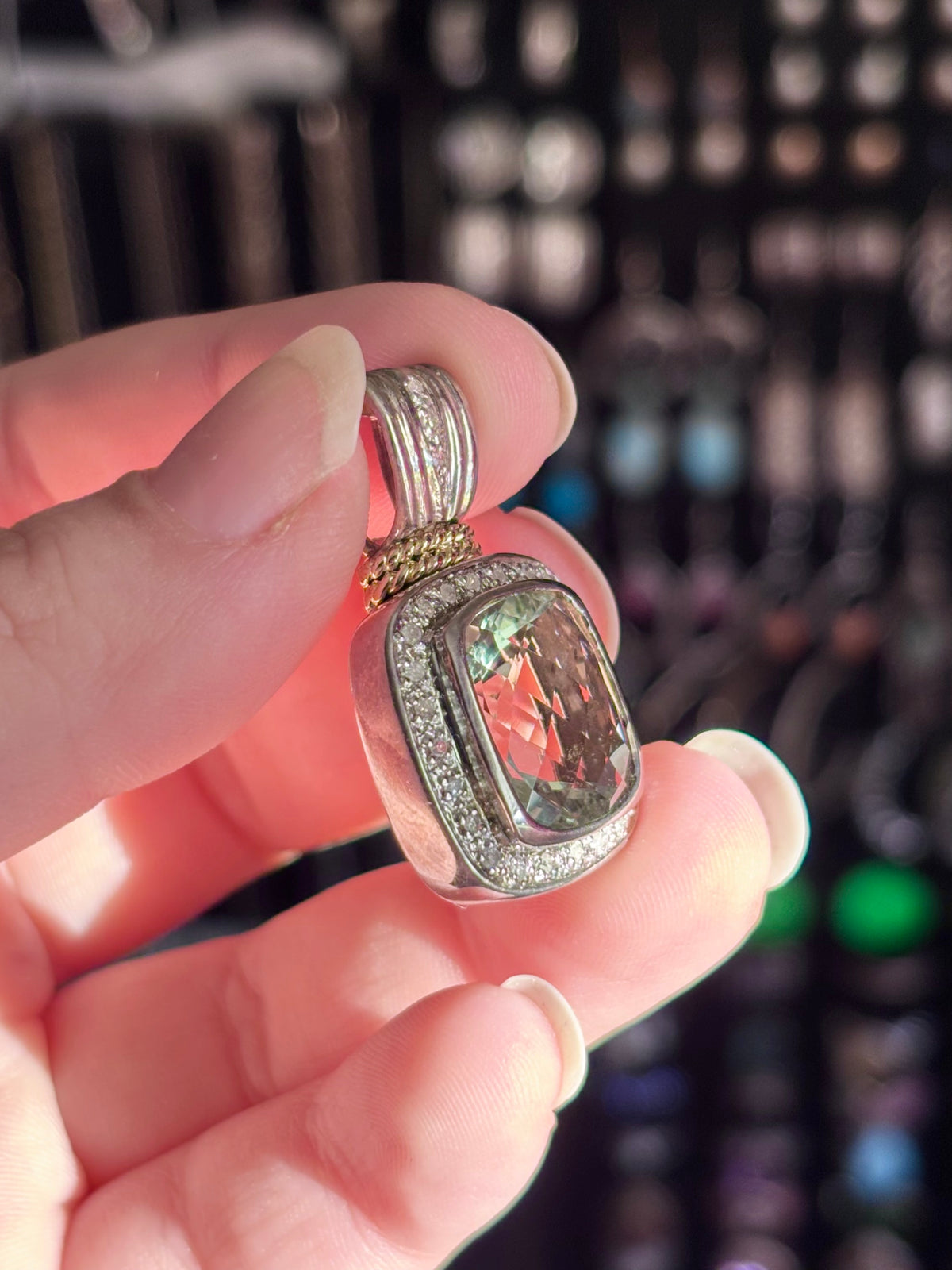 Sterling Silver & 14K Gold Prasiolite and Diamond Halo Pendant - Chain Not Included