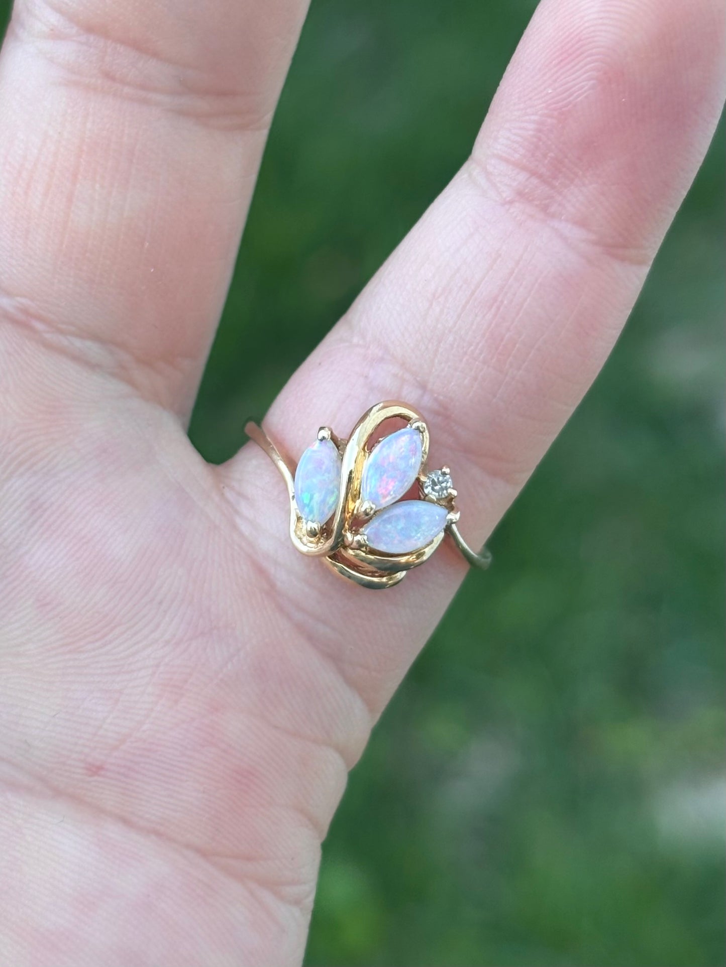 14K Gold Natural Solid Marquise Opal Ring with Diamond Accent