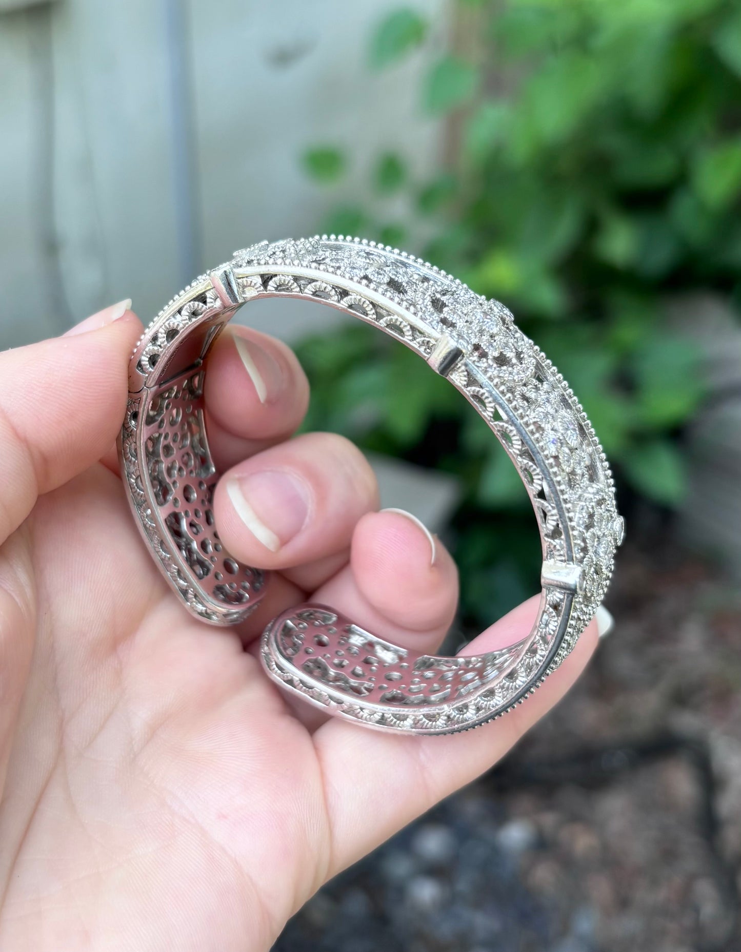 Judith Ripka Sterling Silver Diamonique Floral Filigree Hinged Cuff Bangle Bracelet