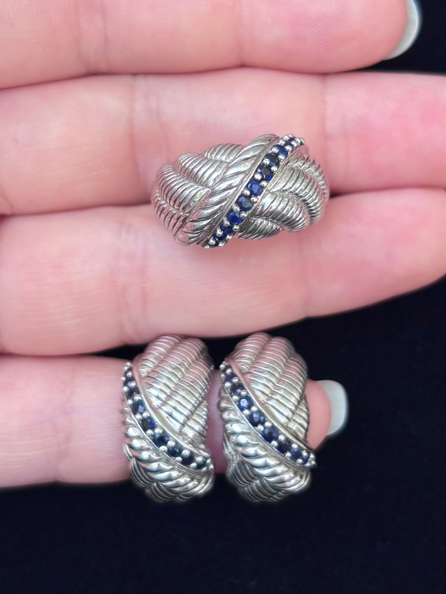 Judith Ripka Sterling Silver Natural Sapphire Ring & Matching Omega Back Earrings Set – Approx. 1.00 CTW