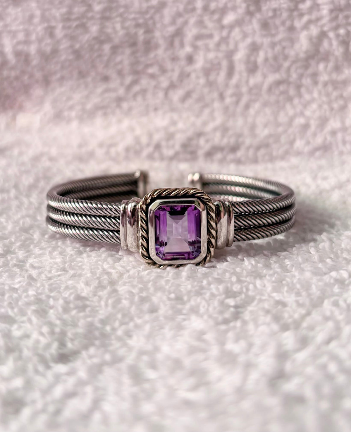 Sterling Silver & Solid 14K Gold Emerald Cut Amethyst Triple Cable Cuff Bracelet
