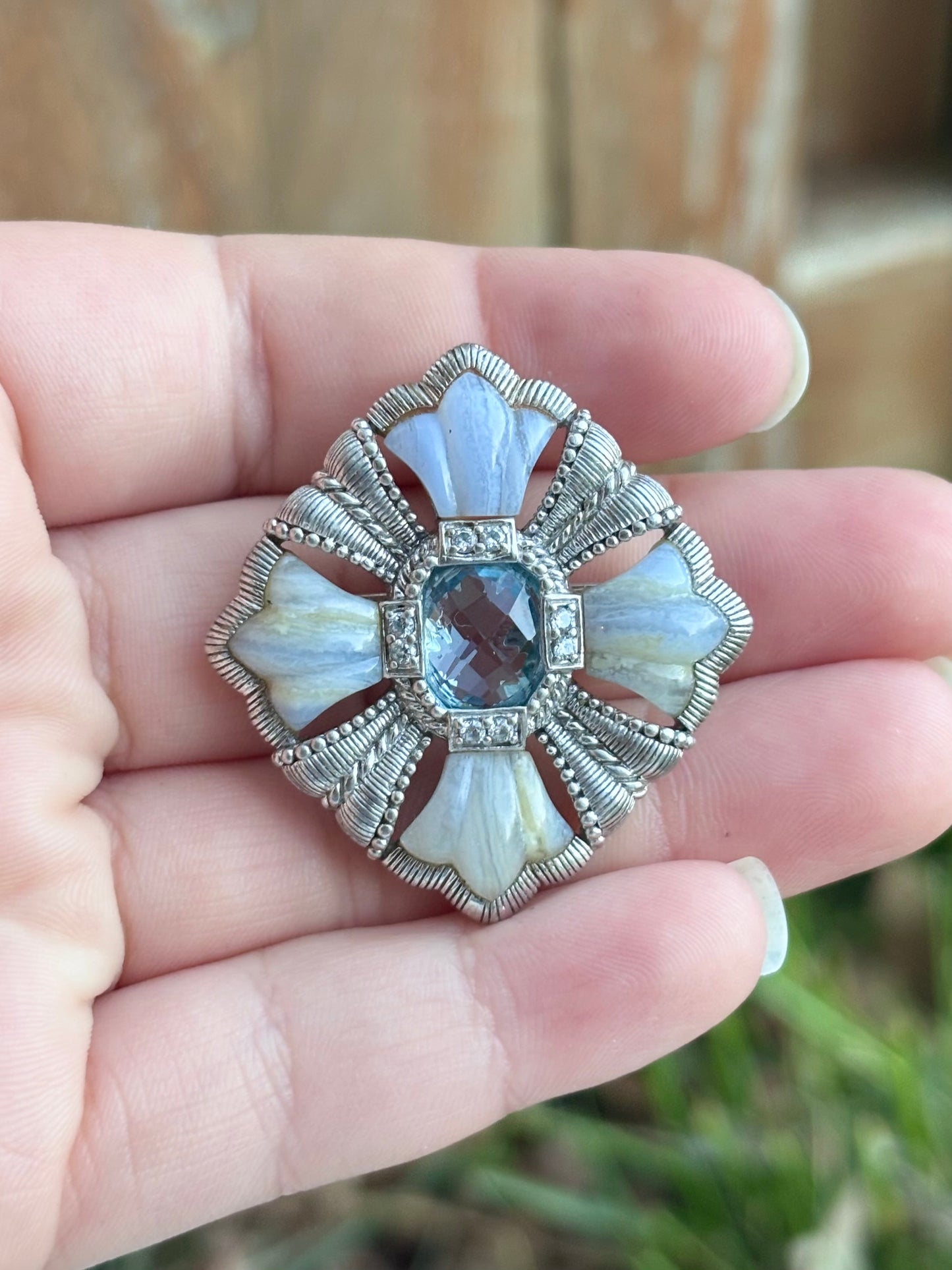 Judith Ripka Swiss Blue Topaz and Blue Lace Agate Brooch/Pendant
