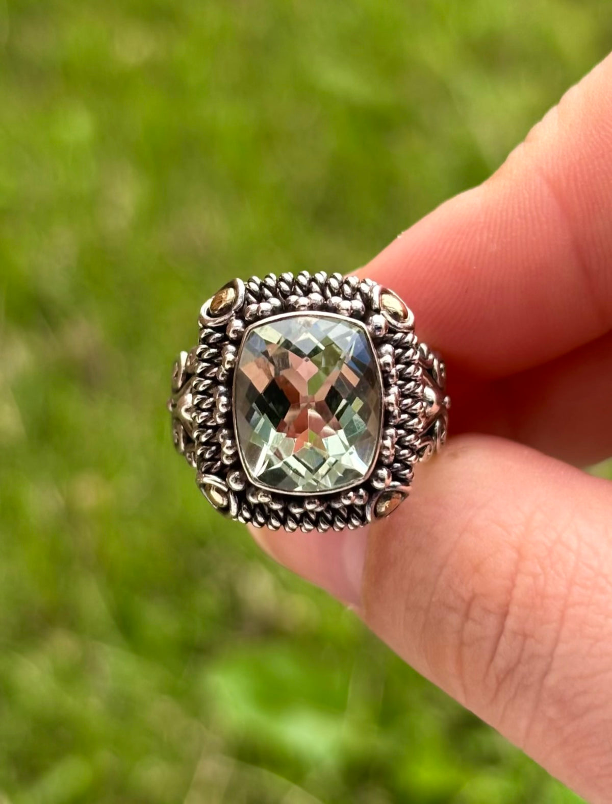 BA Suarti 18K Gold & Sterling Silver Checkerboard Cushion Prasiolite Ring