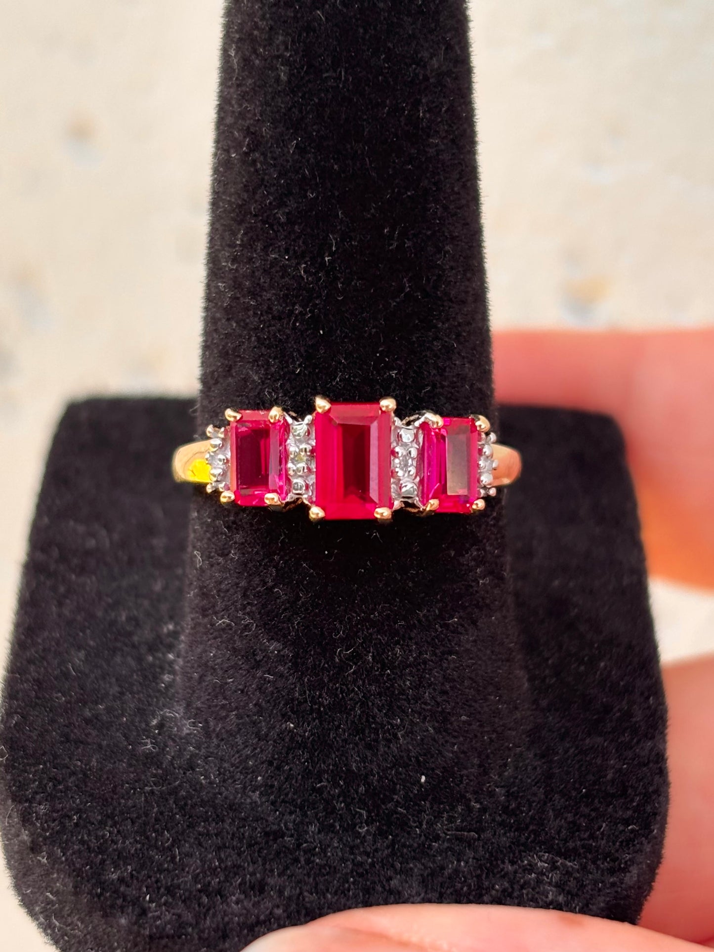 10k Emerald Cut Lab Rubies with Natural Diamond Accents Ring