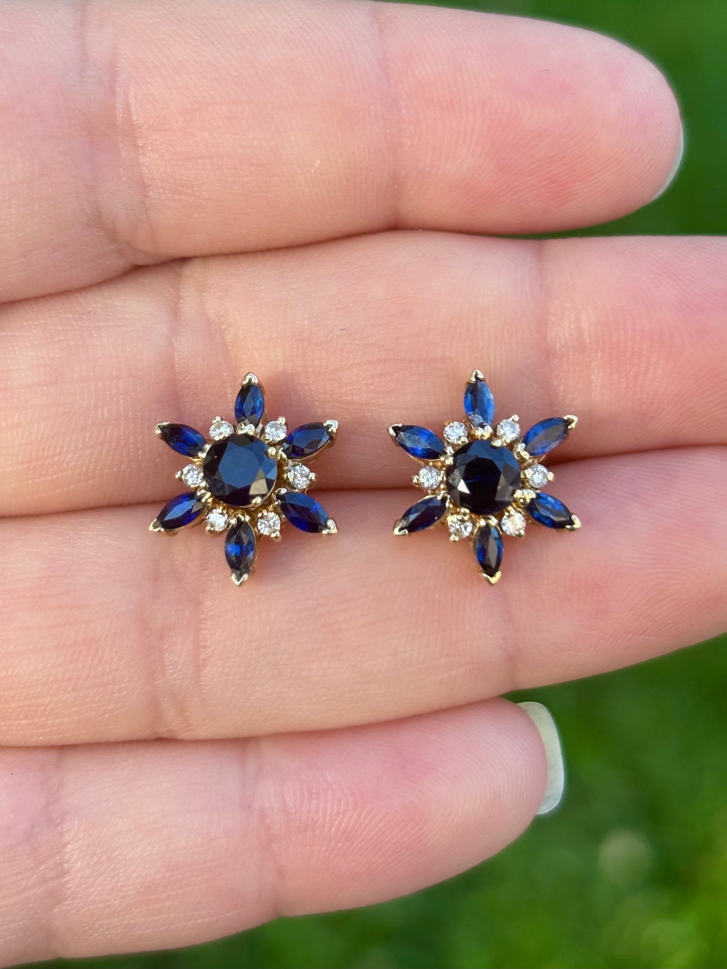18K Gold Velvety Blue Sapphire Stud Earrings with 14K Diamond & Sapphire Removable Halo Jackets