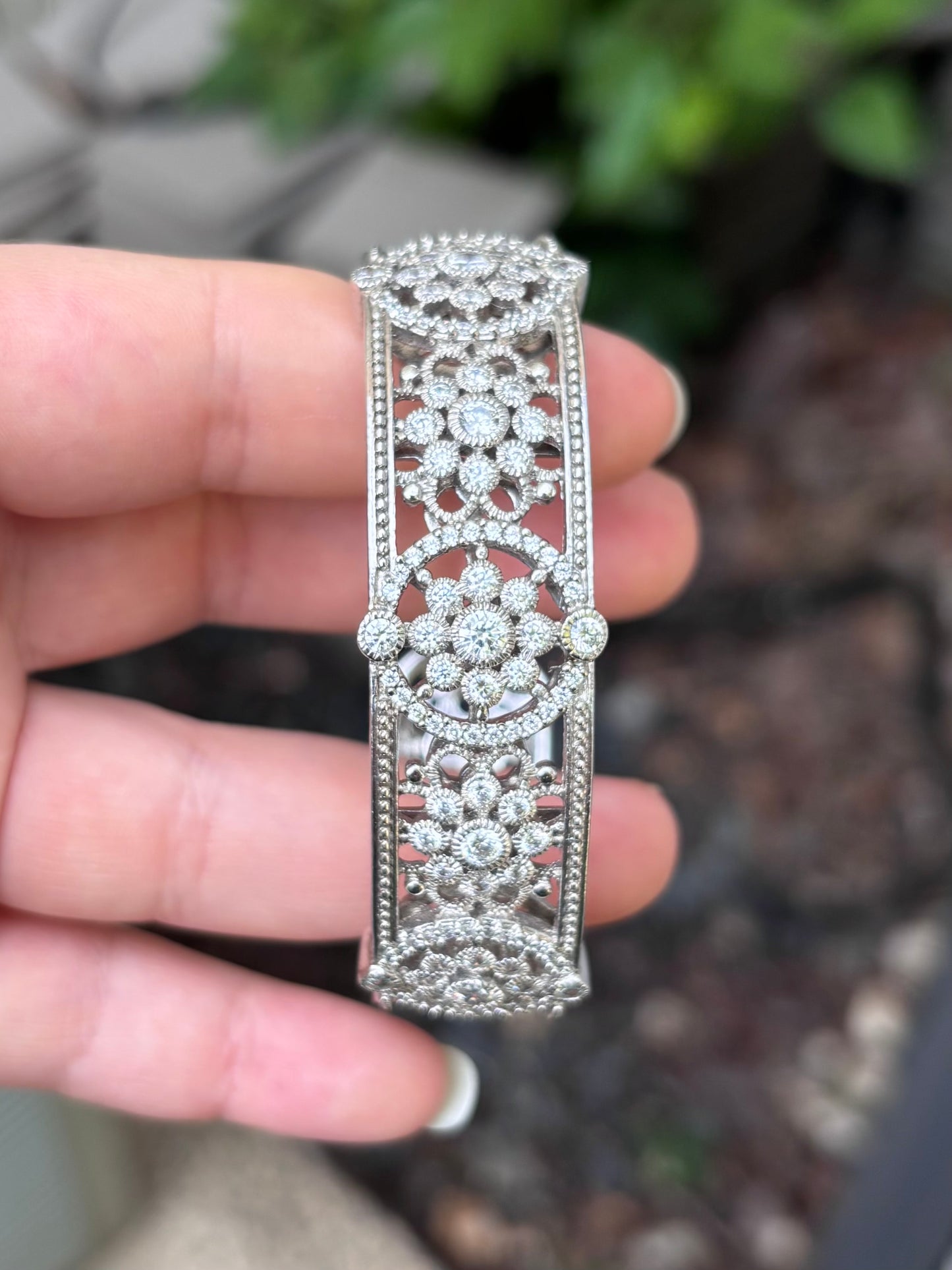 Judith Ripka Sterling Silver Diamonique Floral Filigree Hinged Cuff Bangle Bracelet
