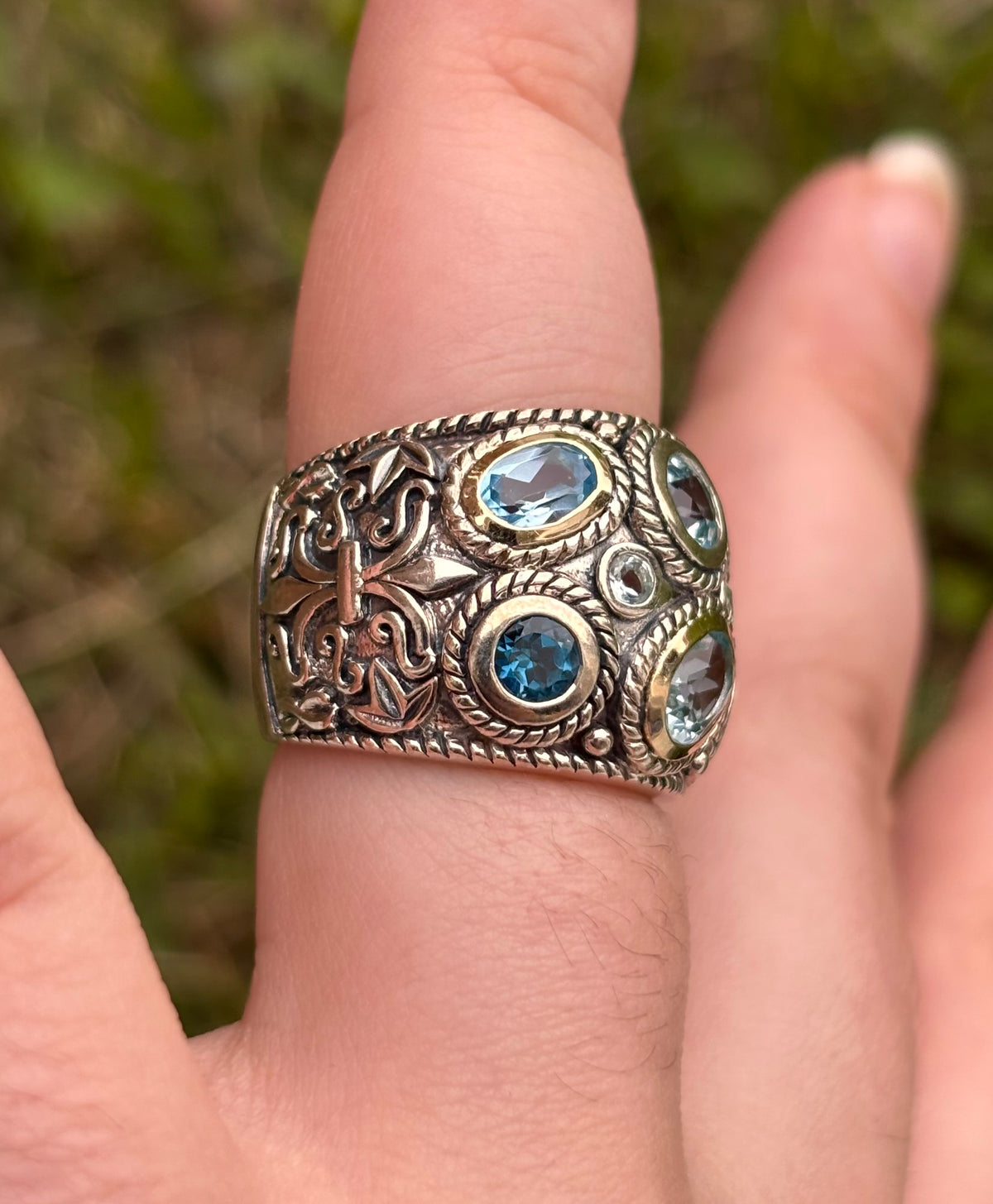 Curata 14K Gold & Sterling Silver Multi Blue Topaz Wide Band Ring