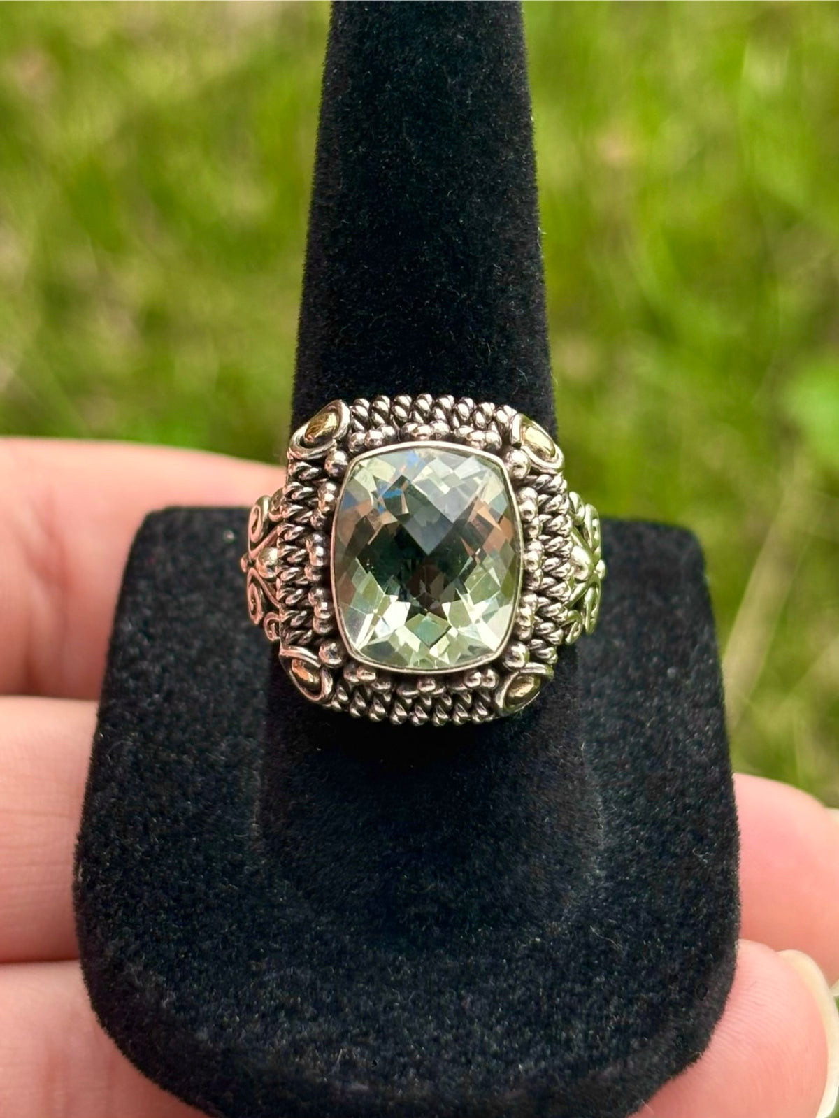 BA Suarti 18K Gold & Sterling Silver Checkerboard Cushion Prasiolite Ring