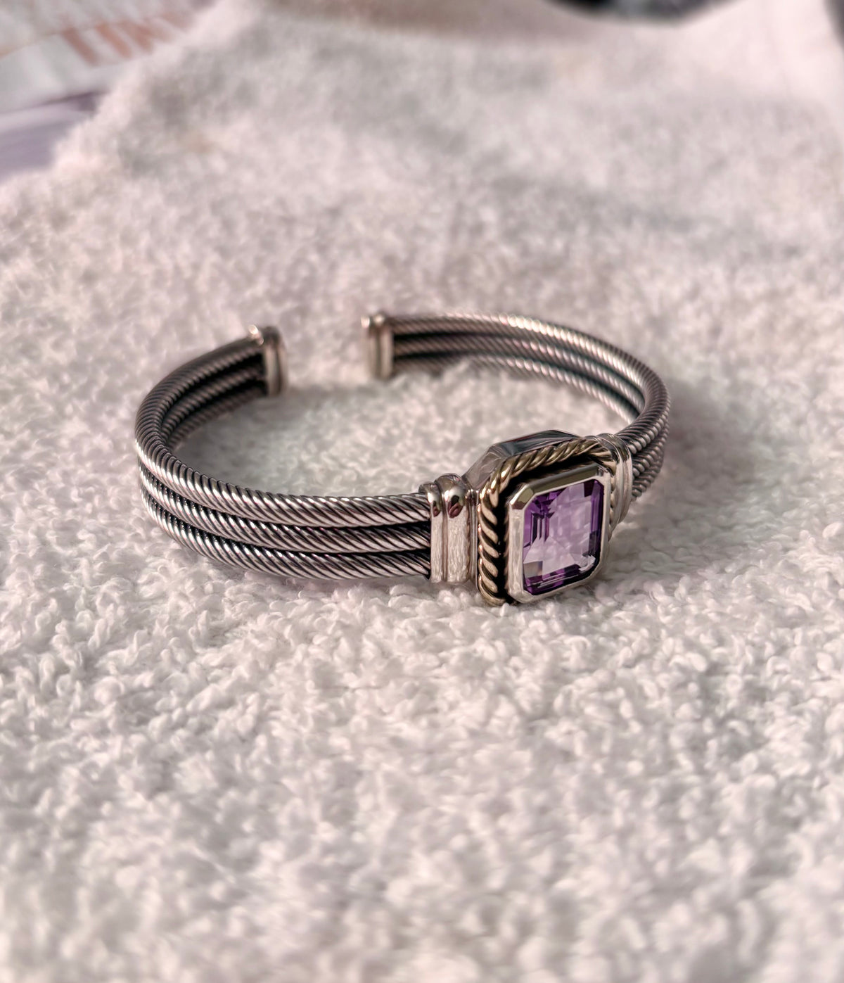 Sterling Silver & Solid 14K Gold Emerald Cut Amethyst Triple Cable Cuff Bracelet