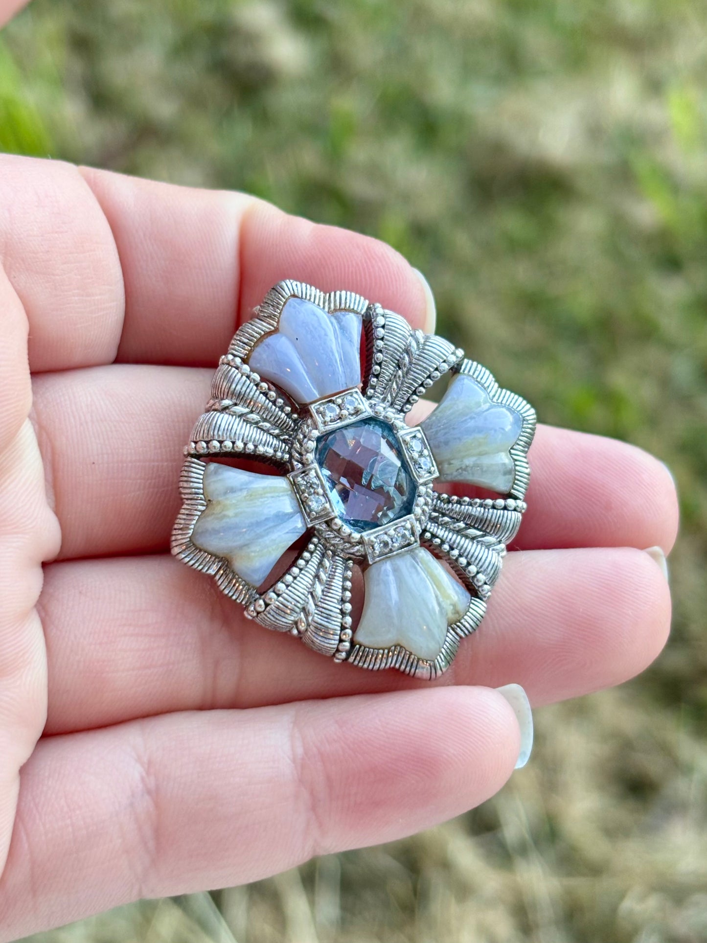 Judith Ripka Swiss Blue Topaz and Blue Lace Agate Brooch/Pendant