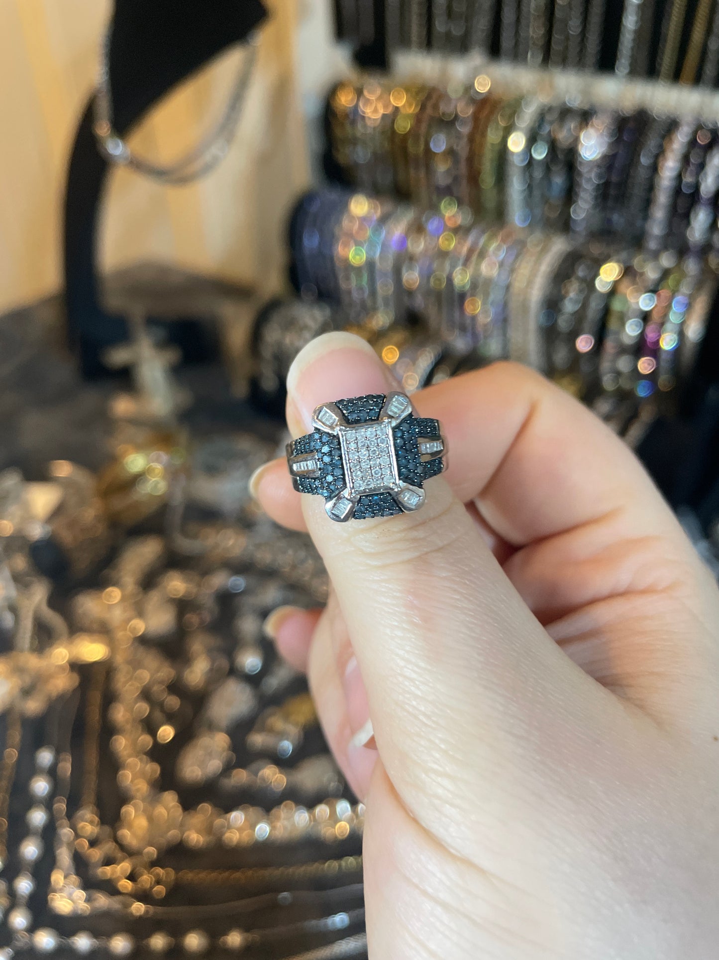 Blue and Colorless Diamond Men's Ring