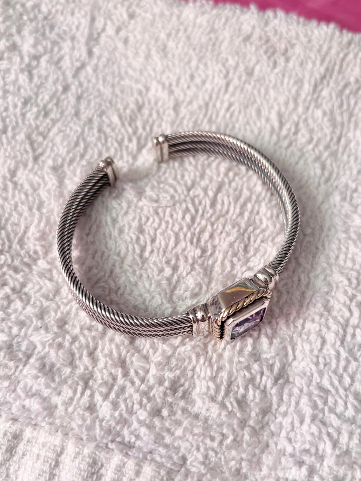 Sterling Silver & Solid 14K Gold Emerald Cut Amethyst Triple Cable Cuff Bracelet