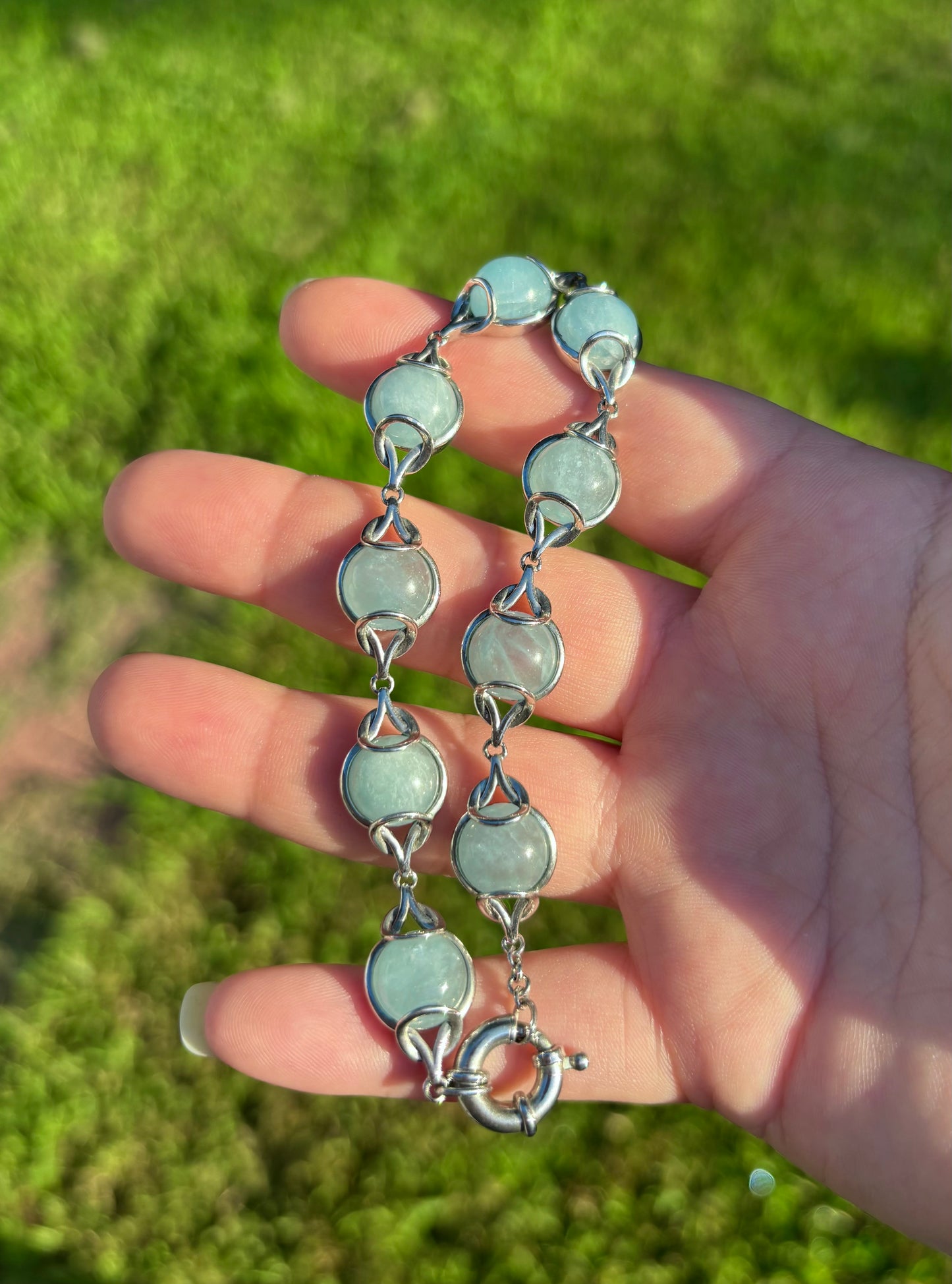 Vintage Sterling Silver Cabochon Aquamarine Bracelet