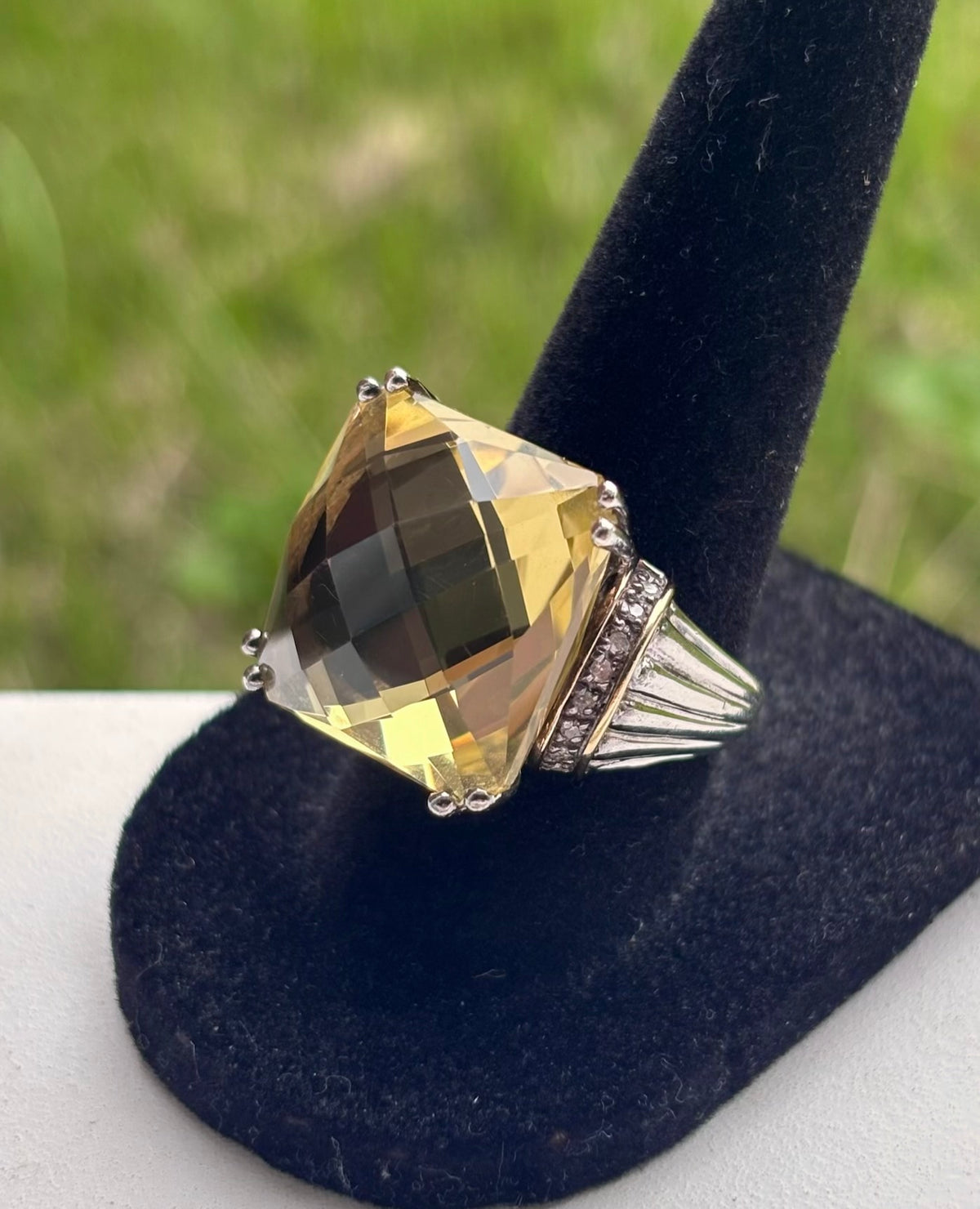 14K Gold & Sterling Silver Lemon Quartz & Diamond Statement Ring