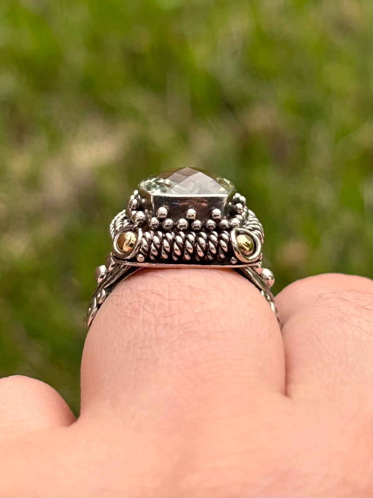 BA Suarti 18K Gold & Sterling Silver Checkerboard Cushion Prasiolite Ring