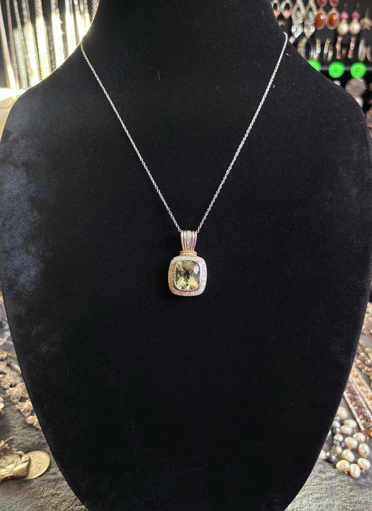 Sterling Silver & 14K Gold Prasiolite and Diamond Halo Pendant - Chain Not Included