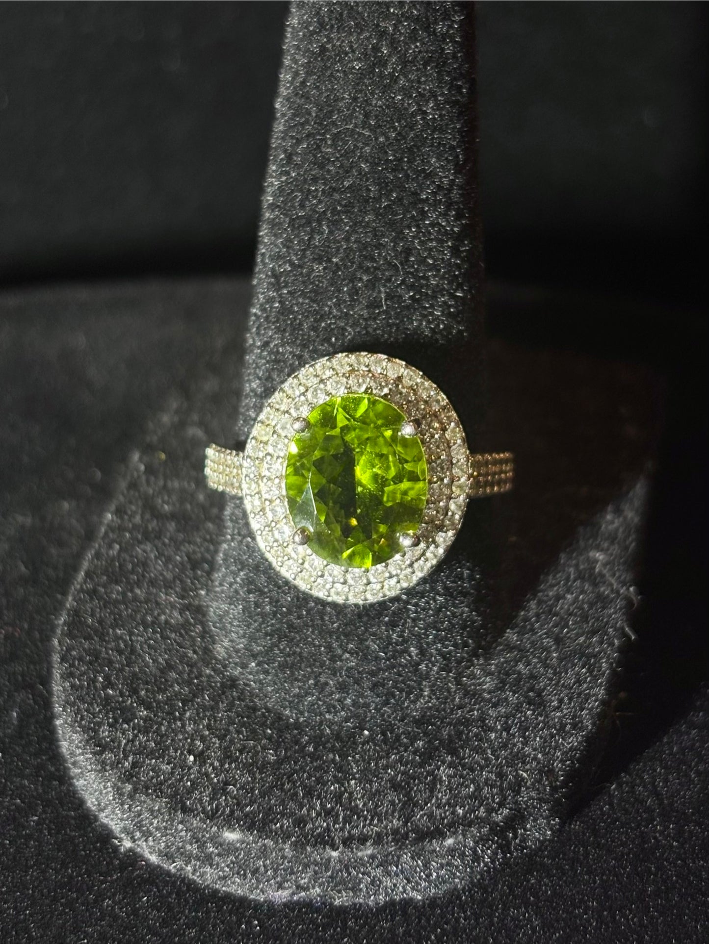 Oval Peridot in Double Halo Ring