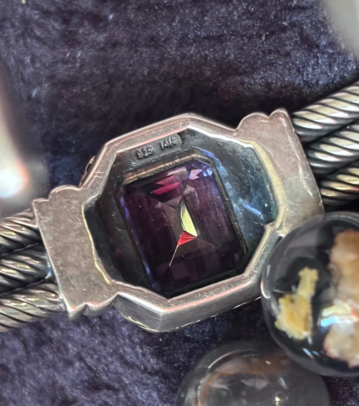 Sterling Silver & Solid 14K Gold Emerald Cut Amethyst Triple Cable Cuff Bracelet
