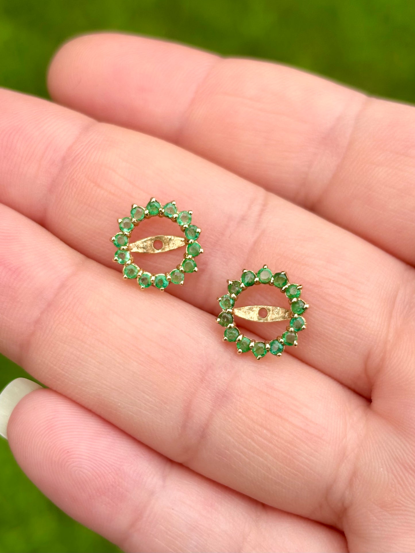 18K Gold Emerald Stud Earrings with 14K Removable Emerald Halo Jackets