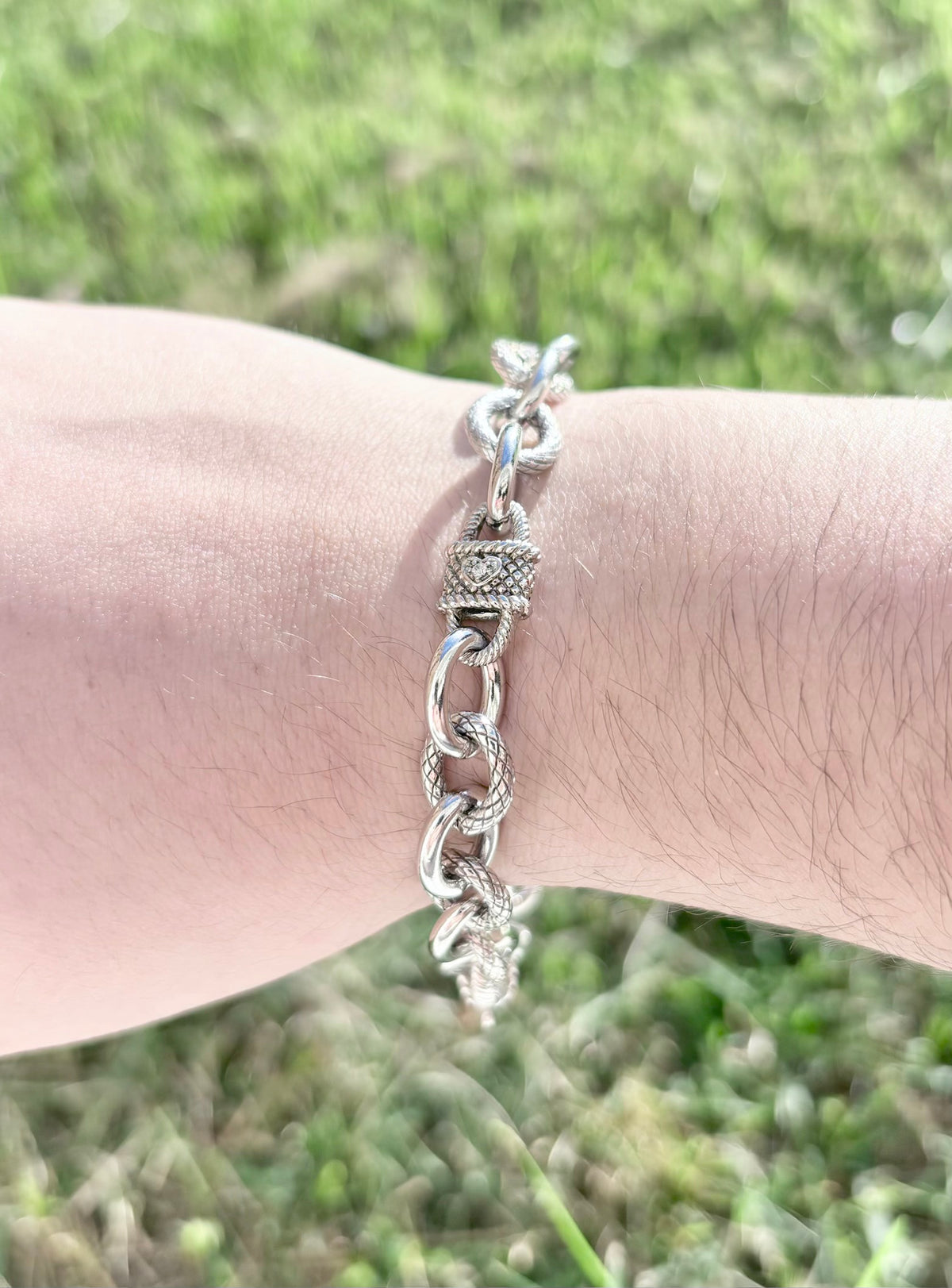 Judith Ripka Sterling Silver Heart & Rope Textured Oval Link Bracelet