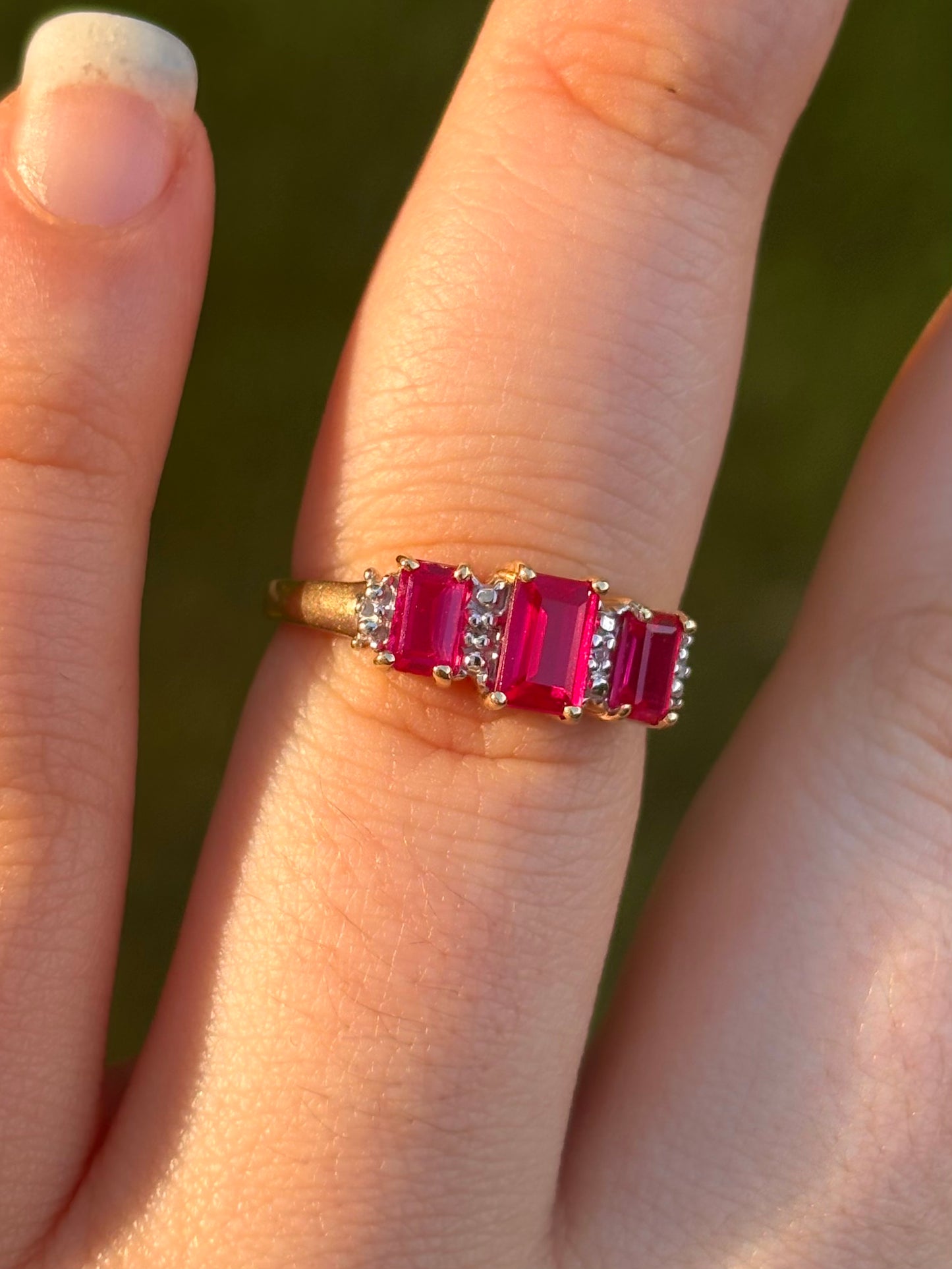 10k Emerald Cut Lab Rubies with Natural Diamond Accents Ring