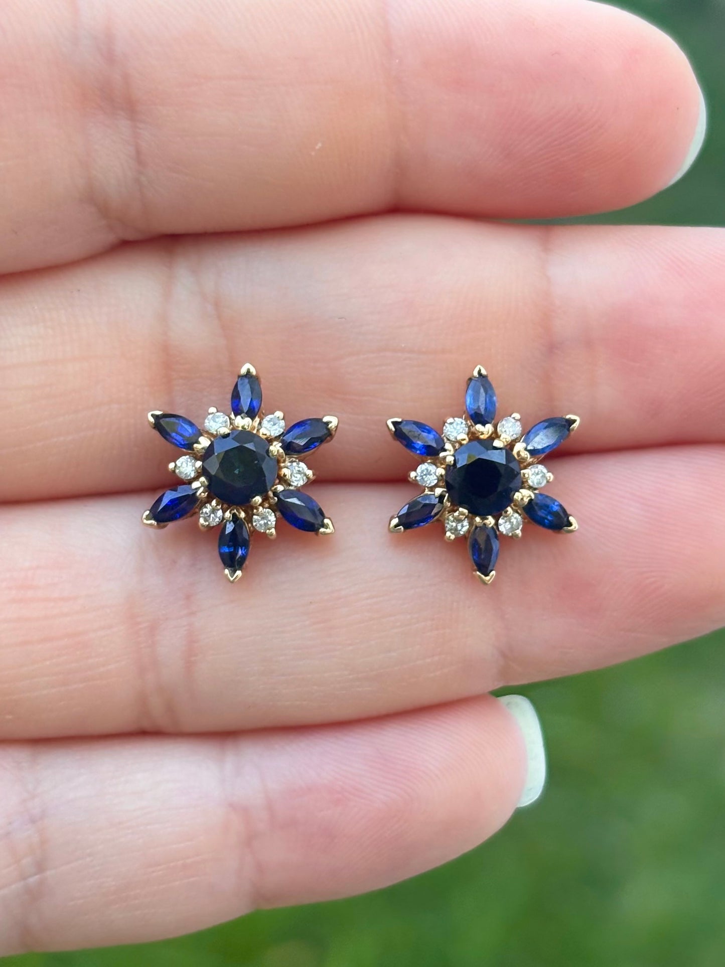18K Gold Velvety Blue Sapphire Stud Earrings with 14K Diamond & Sapphire Removable Halo Jackets