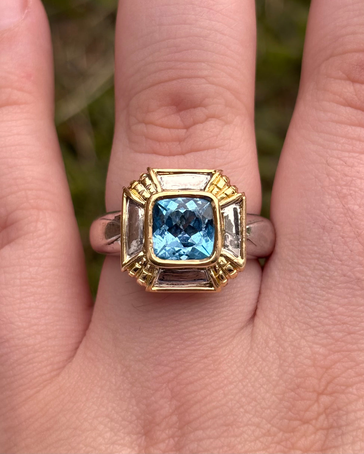 OTC International 18K Gold & Sterling Silver Blue Topaz Art Deco Ring