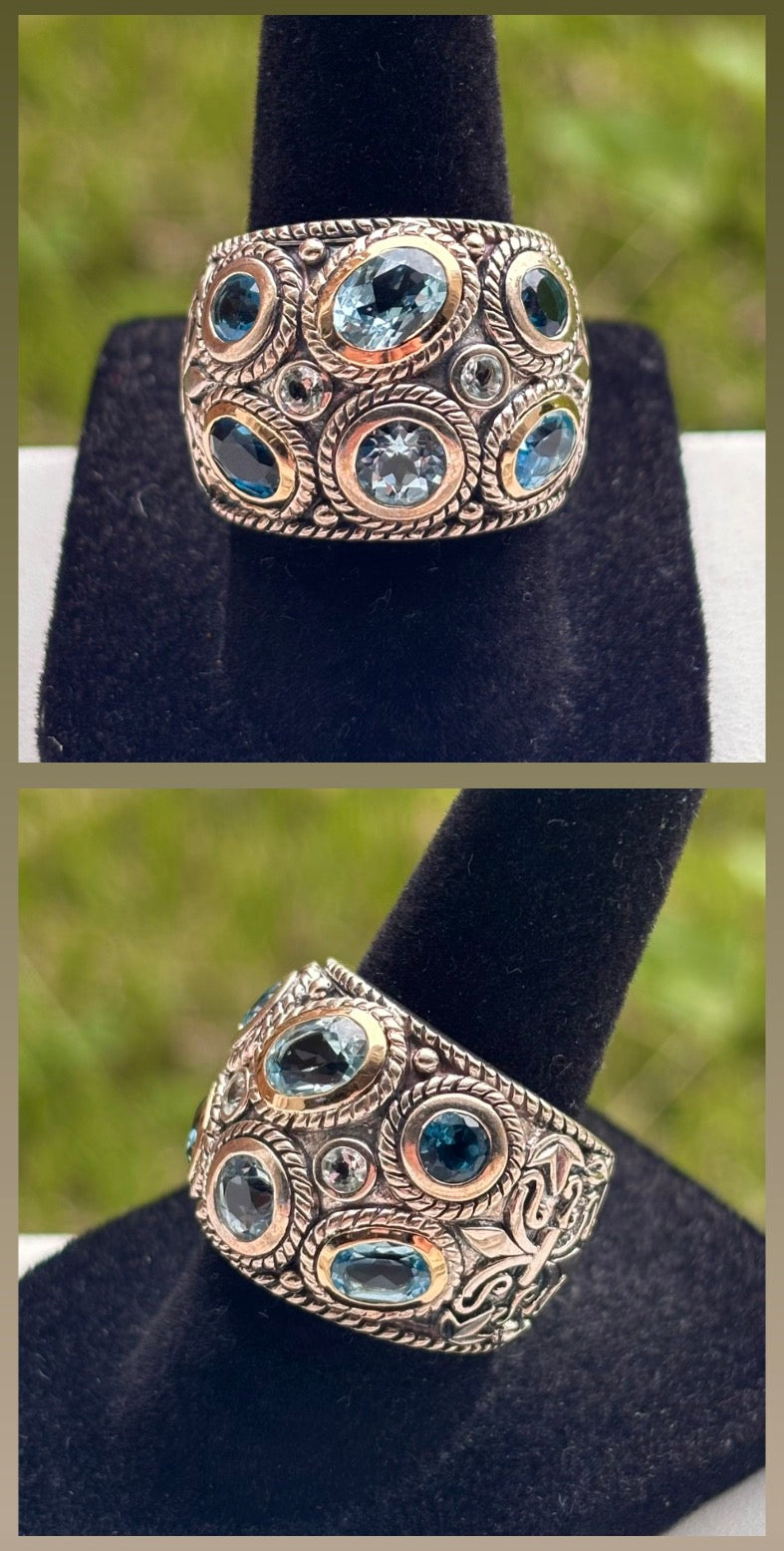Curata 14K Gold & Sterling Silver Multi Blue Topaz Wide Band Ring