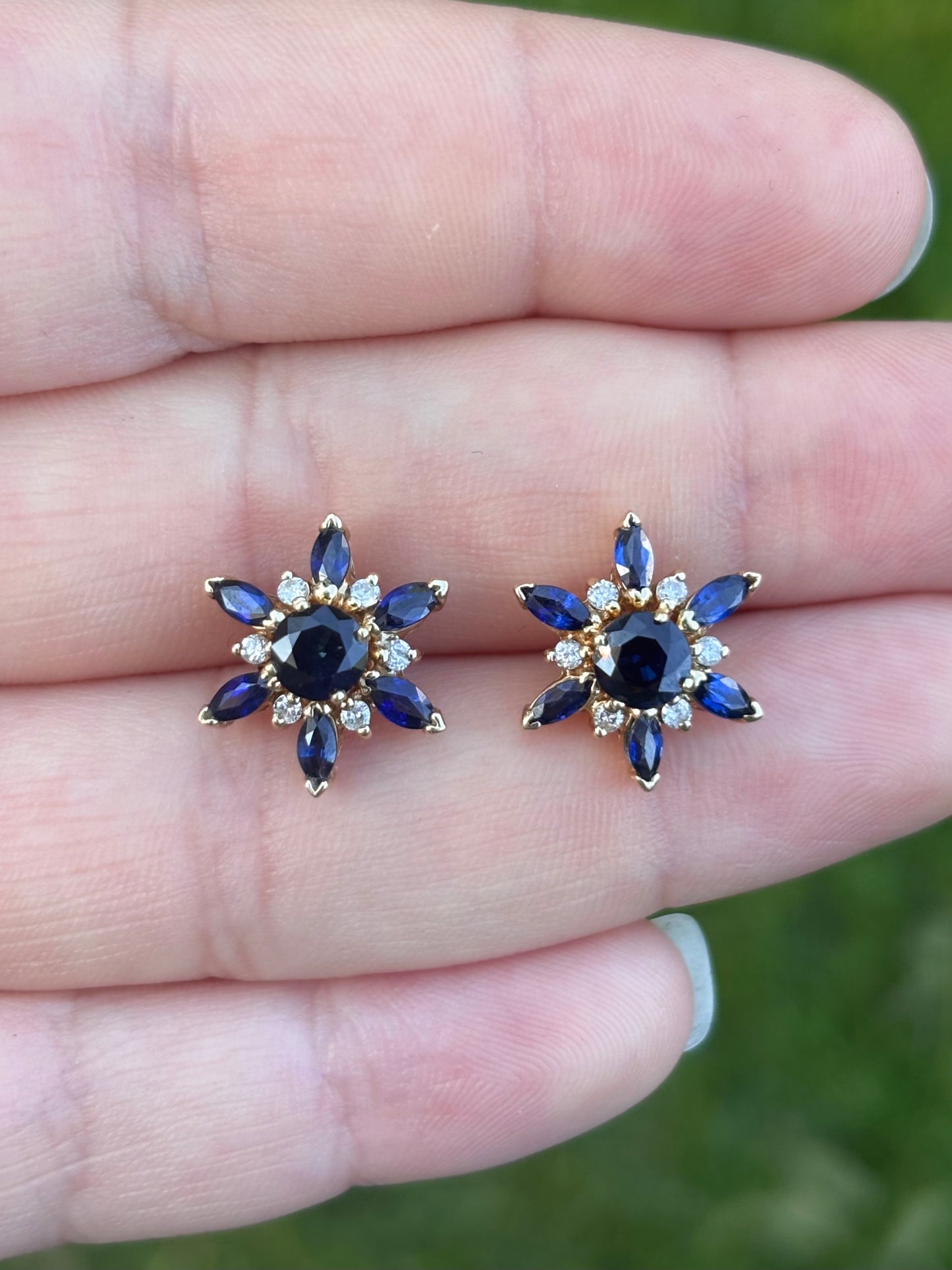 18K Gold Velvety Blue Sapphire Stud Earrings with 14K Diamond & Sapphire Removable Halo Jackets