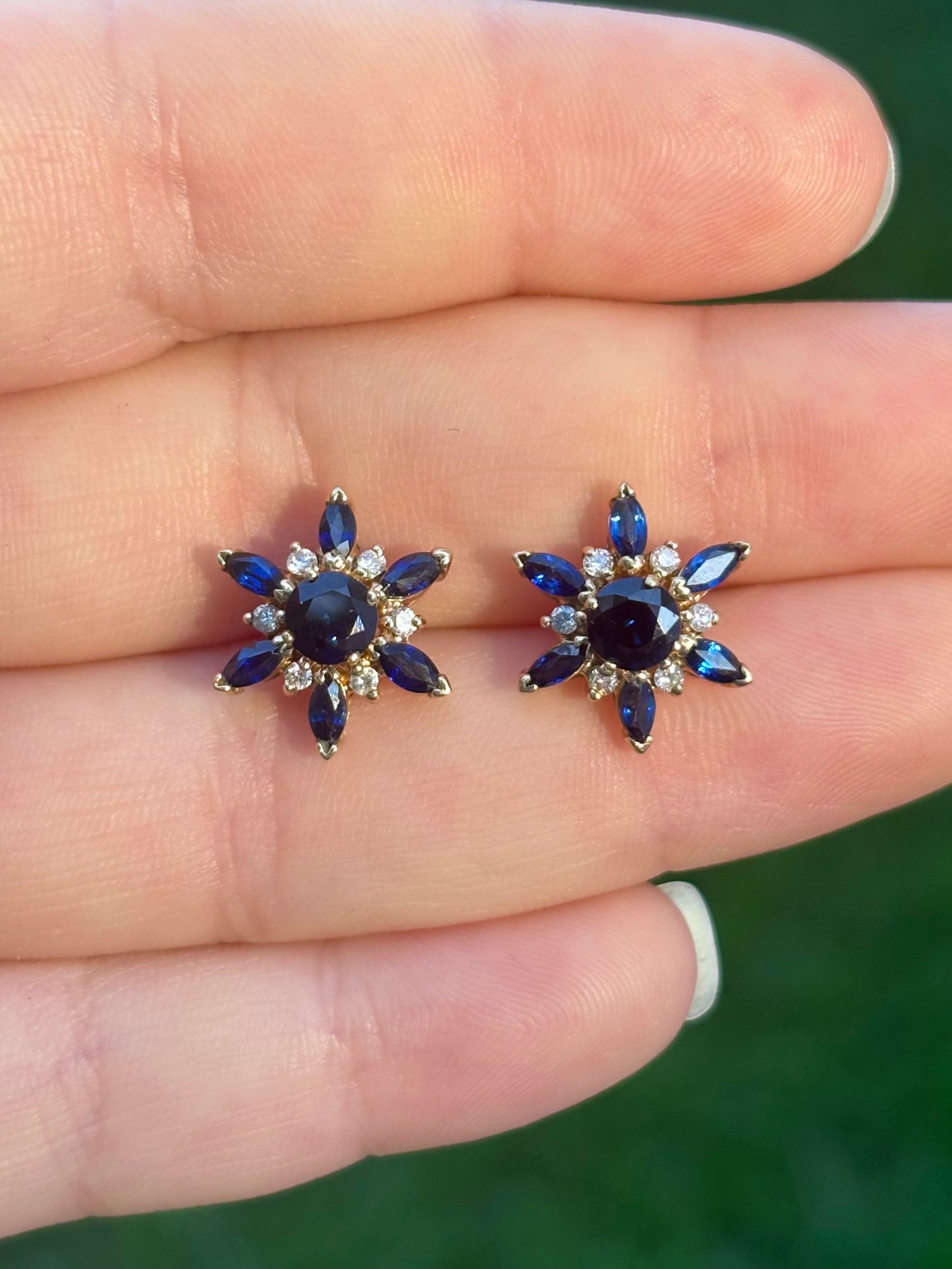 18K Gold Velvety Blue Sapphire Stud Earrings with 14K Diamond & Sapphire Removable Halo Jackets