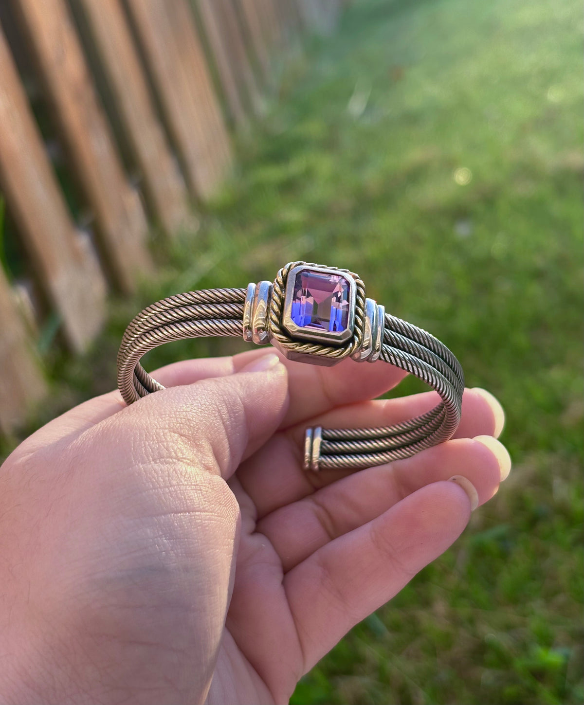 Sterling Silver & Solid 14K Gold Emerald Cut Amethyst Triple Cable Cuff Bracelet