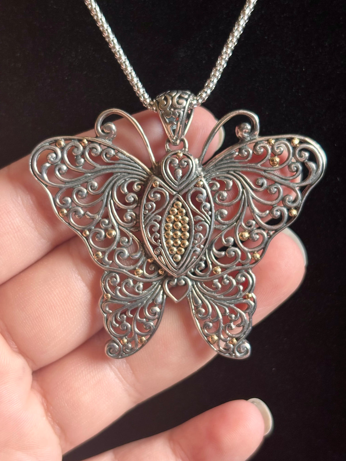 Sterling Silver & 14K Gold Filigree Butterfly Pendant Necklace