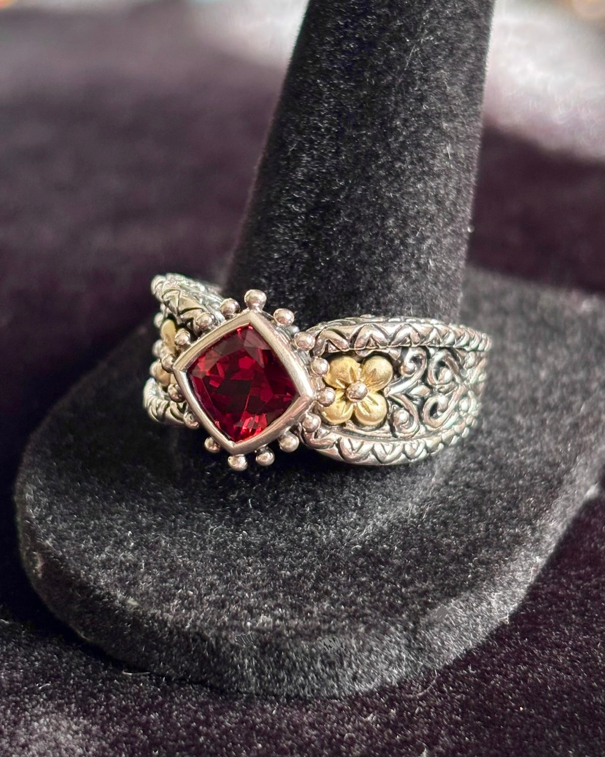 Barbara Bixby Garnet 18K Gold & Sterling Silver Floral Ring Size 10