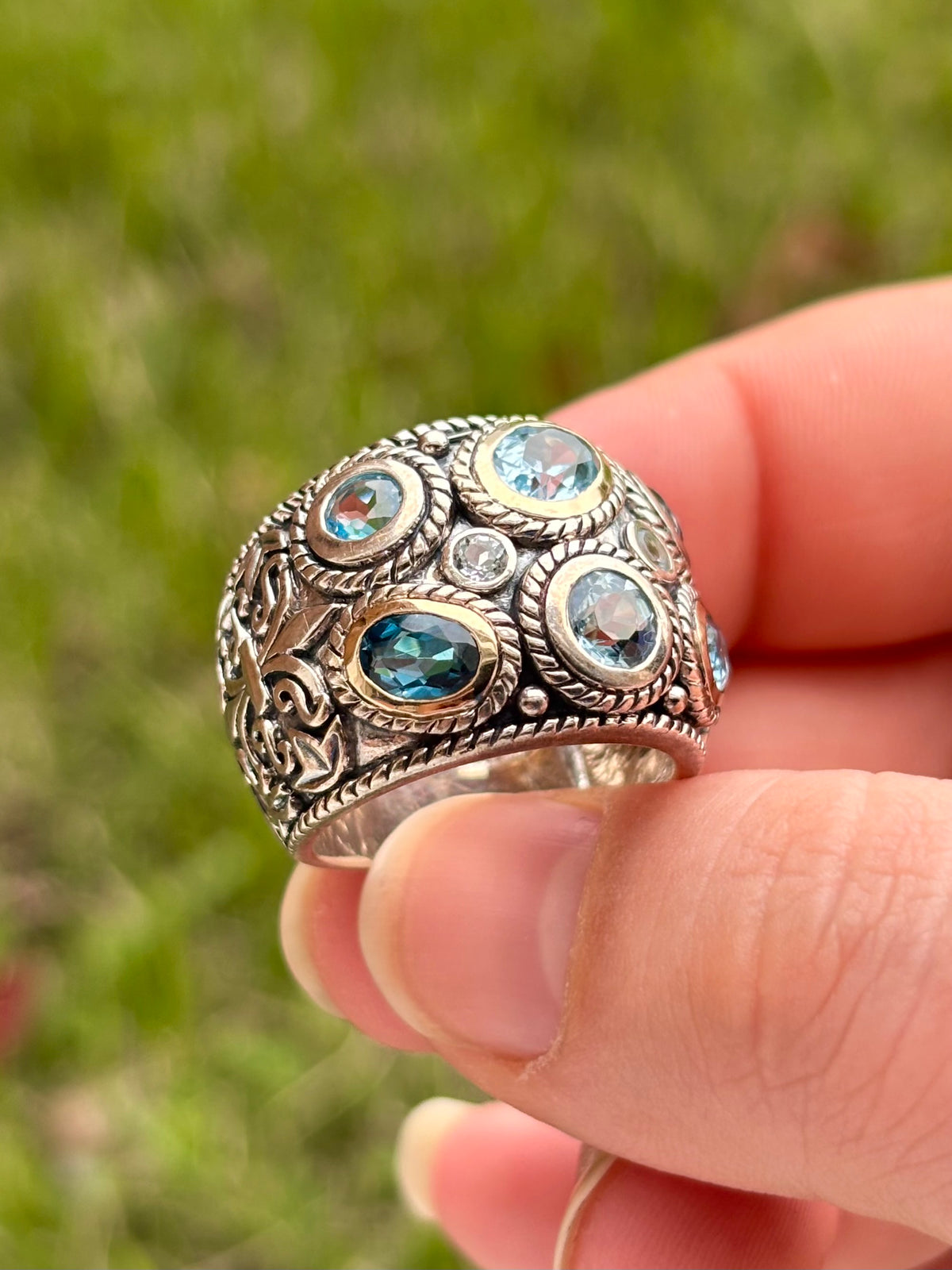 Curata 14K Gold & Sterling Silver Multi Blue Topaz Wide Band Ring