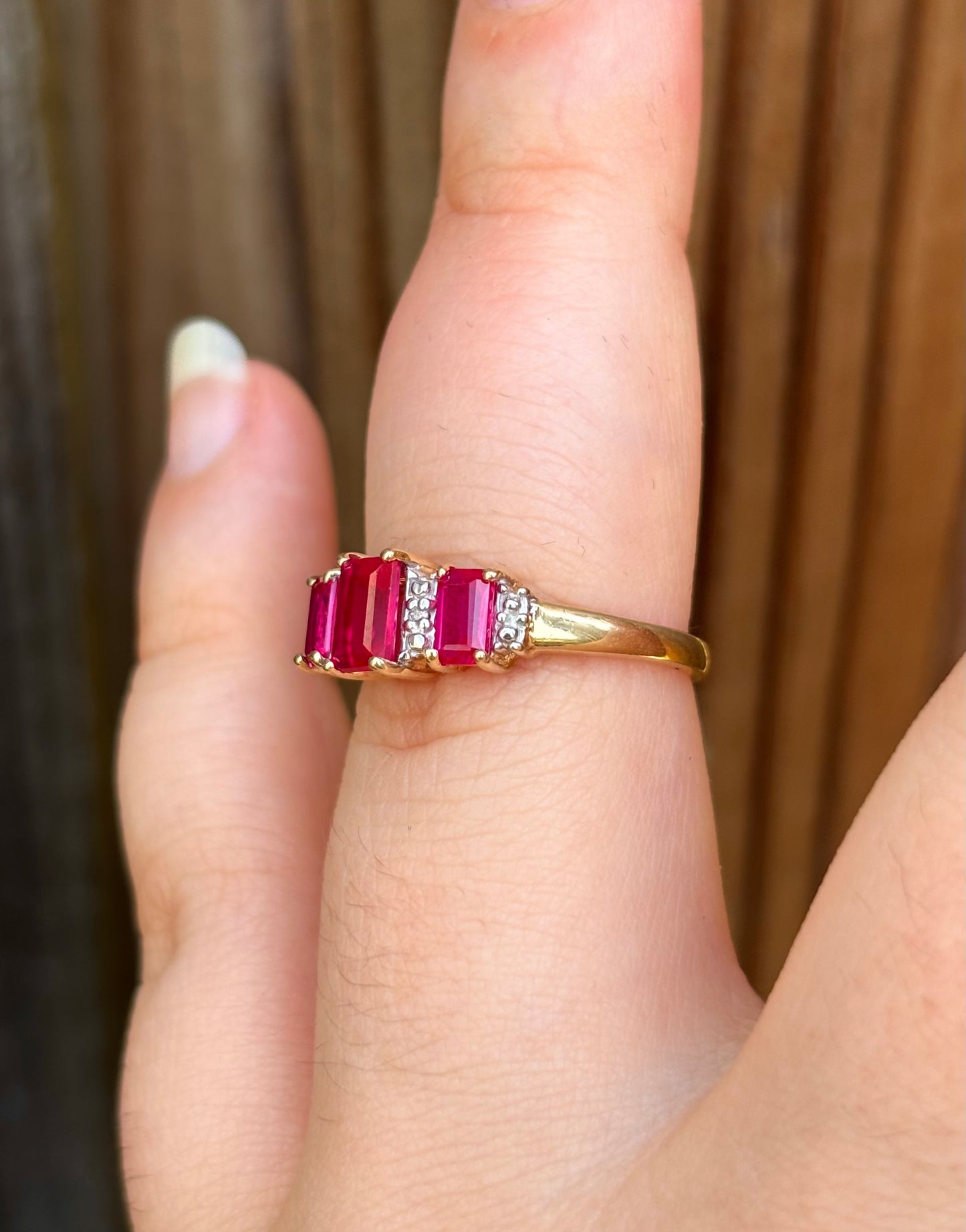 10k Emerald Cut Lab Rubies with Natural Diamond Accents Ring