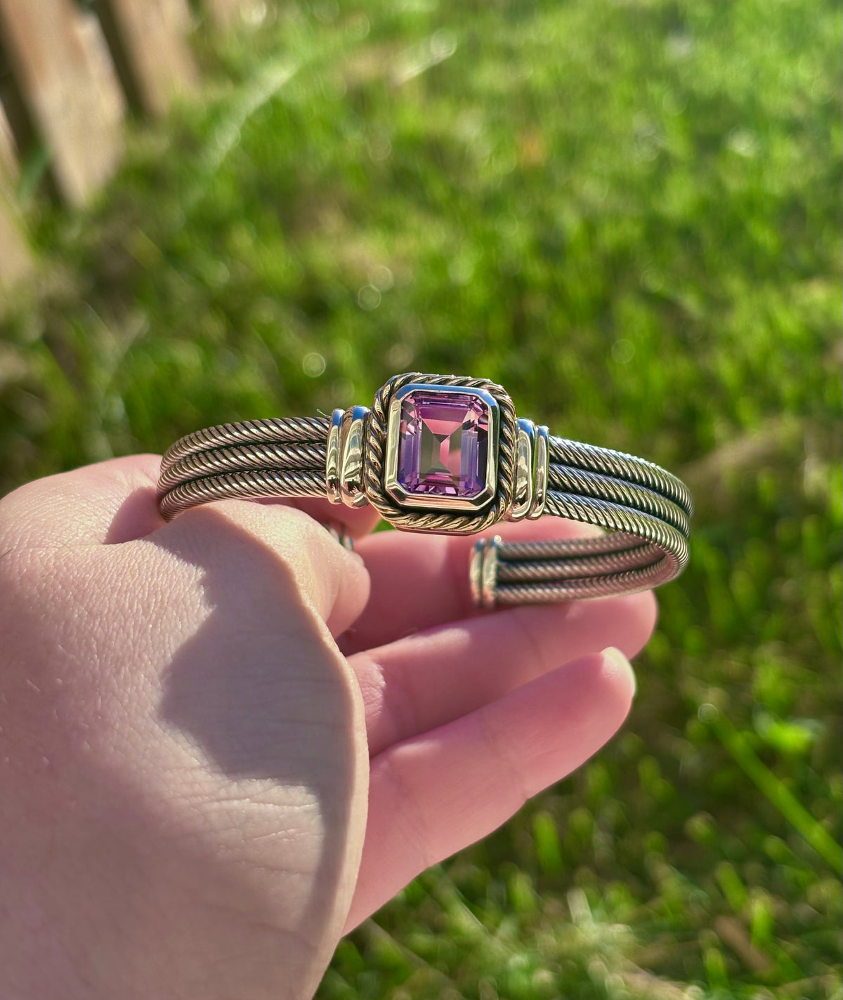 Sterling Silver & Solid 14K Gold Emerald Cut Amethyst Triple Cable Cuff Bracelet